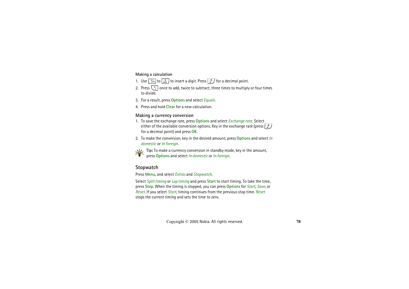 Making a currency conversion, Stopwatch | Nokia 2652 User Manual | Page 78 / 99