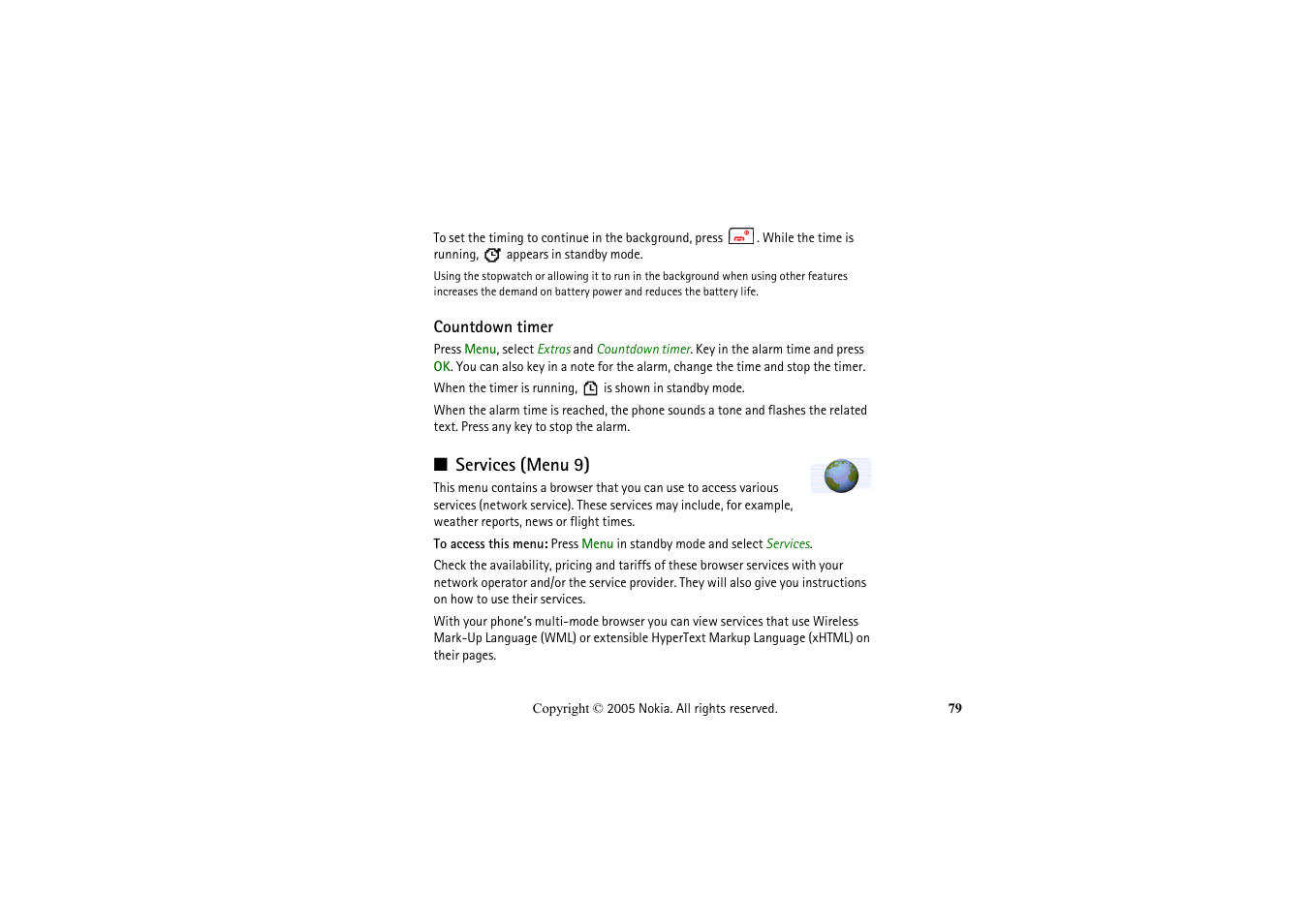 Countdown timer, Services (menu 9) | Nokia 2652 User Manual | Page 79 / 99