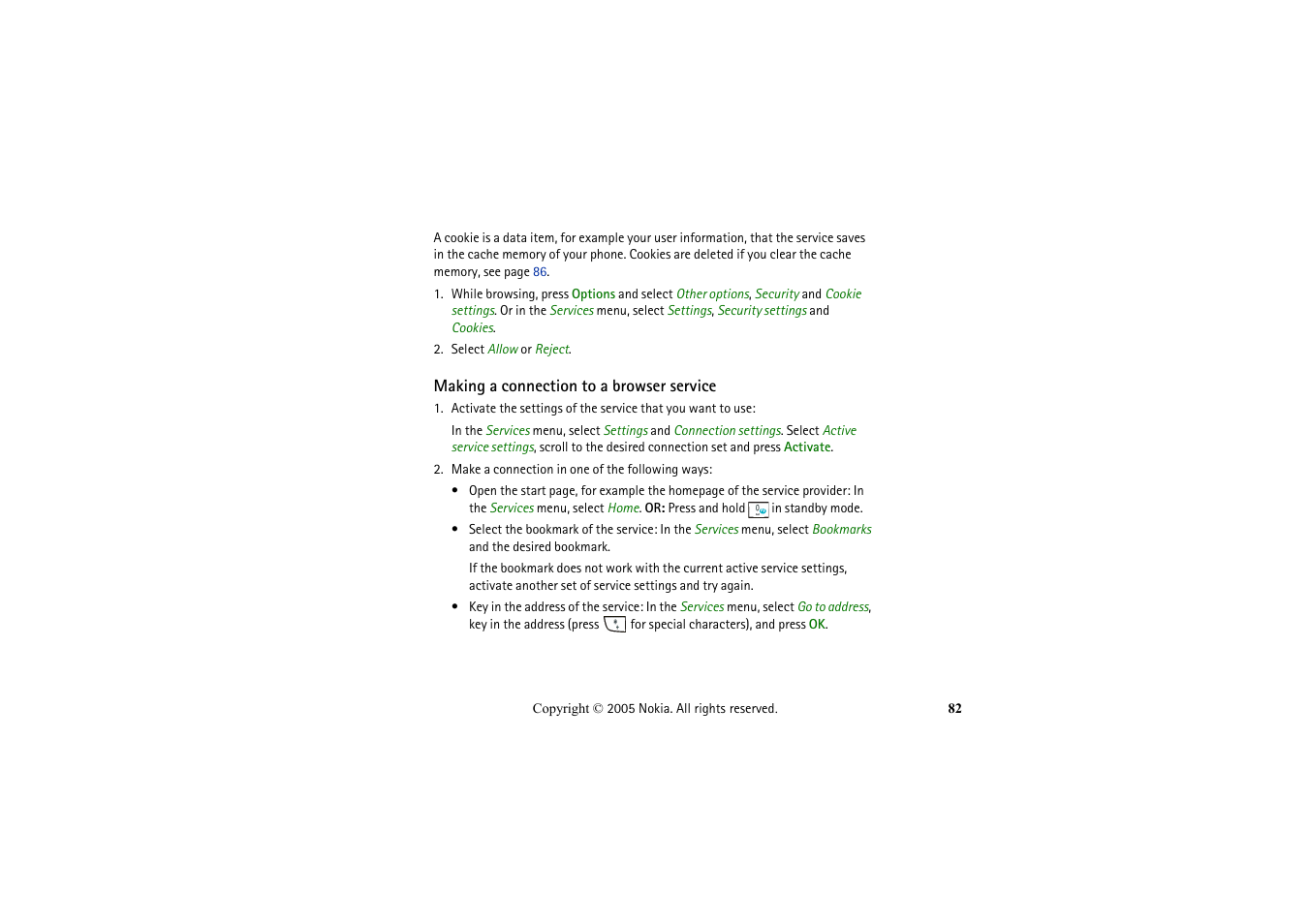 Making a connection to a browser service | Nokia 2652 User Manual | Page 82 / 99