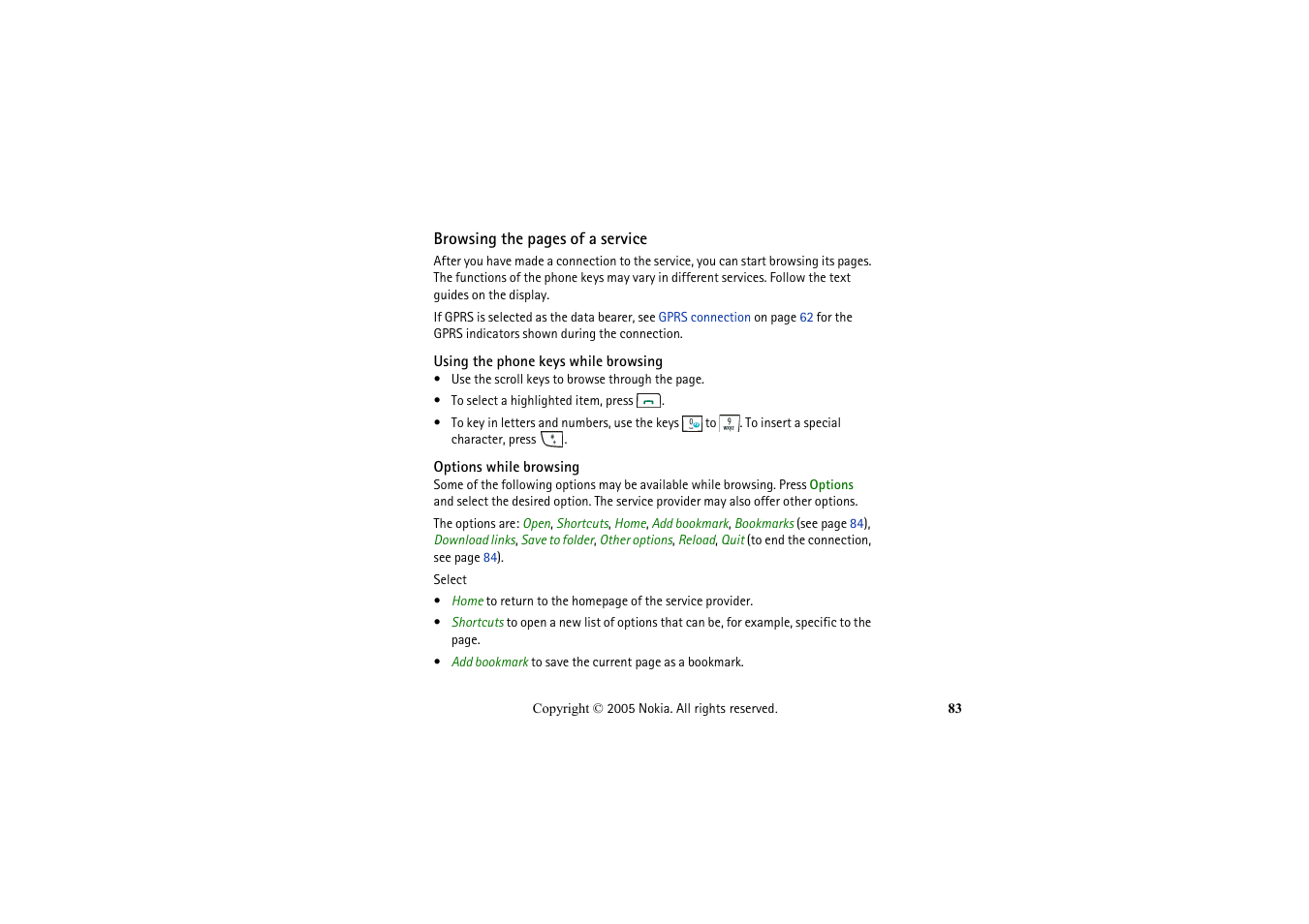 Using the phone keys while browsing, Options while browsing | Nokia 2652 User Manual | Page 83 / 99
