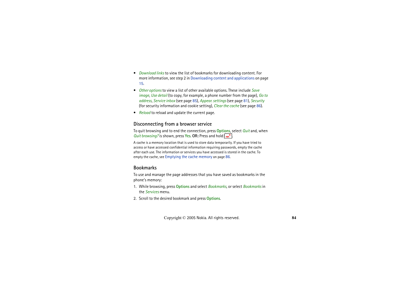 Disconnecting from a browser service, Bookmarks, Disconnecting from a browser service bookmarks | Nokia 2652 User Manual | Page 84 / 99