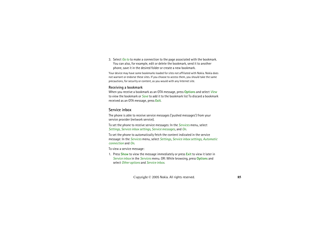 Receiving a bookmark, Service inbox | Nokia 2652 User Manual | Page 85 / 99