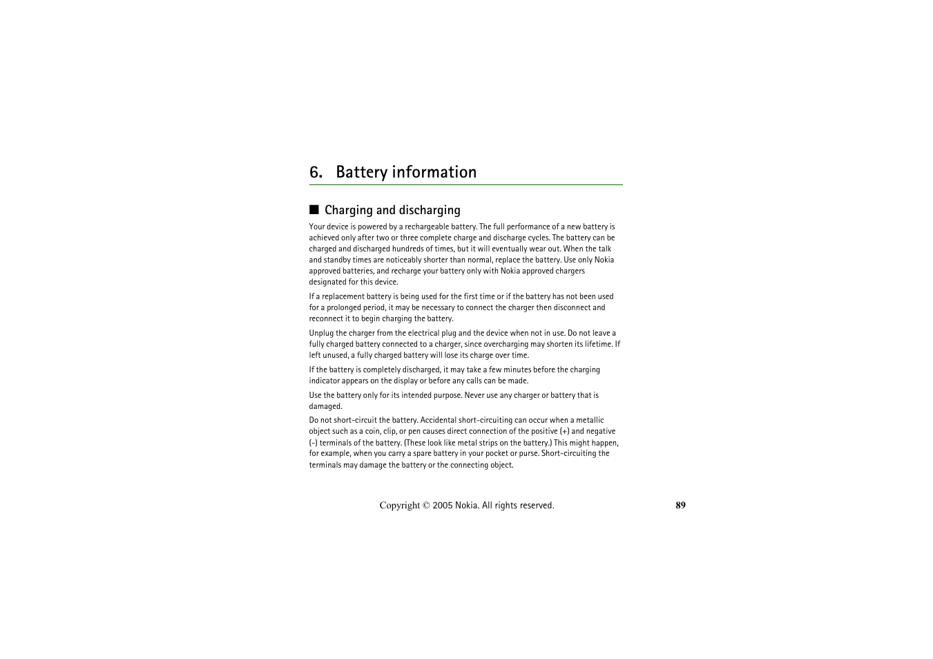 Battery information, Charging and discharging | Nokia 2652 User Manual | Page 89 / 99