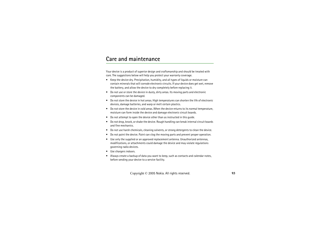 Care and maintenance | Nokia 2652 User Manual | Page 93 / 99