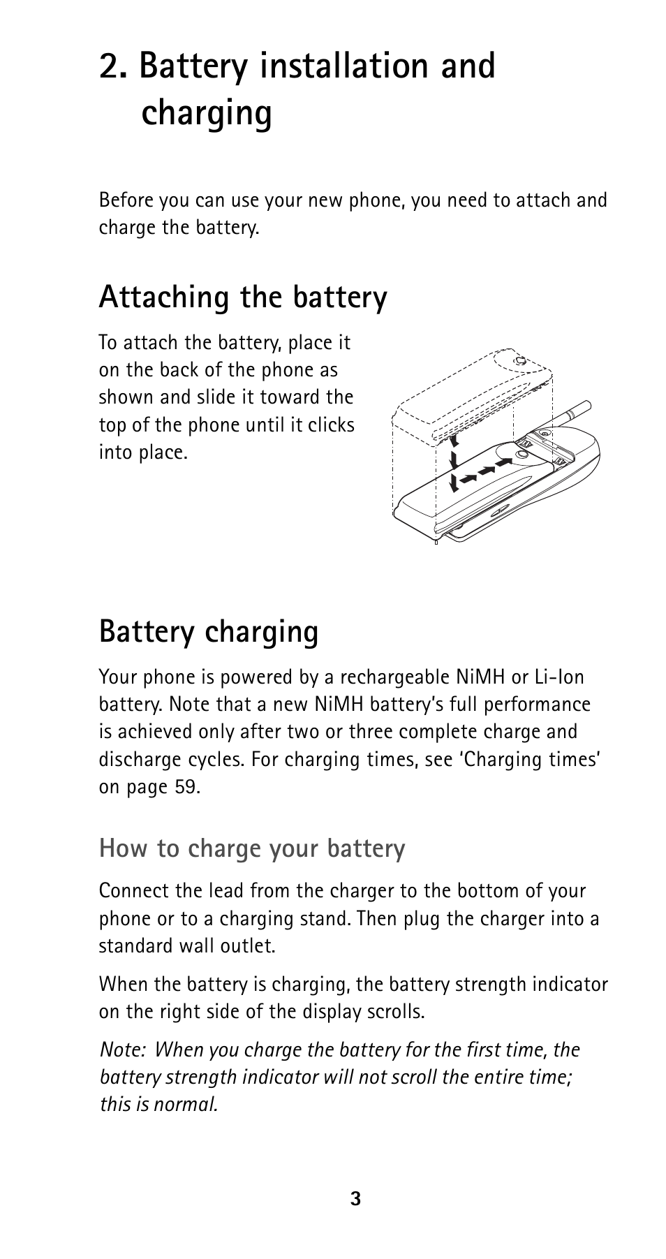 Battery installation and charging, Attaching the battery, Battery charging | Attaching the battery battery charging | Nokia 5120i User Manual | Page 10 / 85