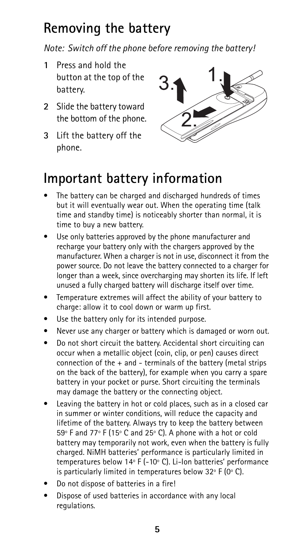 Removing the battery, Important battery information, Removing the battery important battery information | Nokia 5120i User Manual | Page 12 / 85