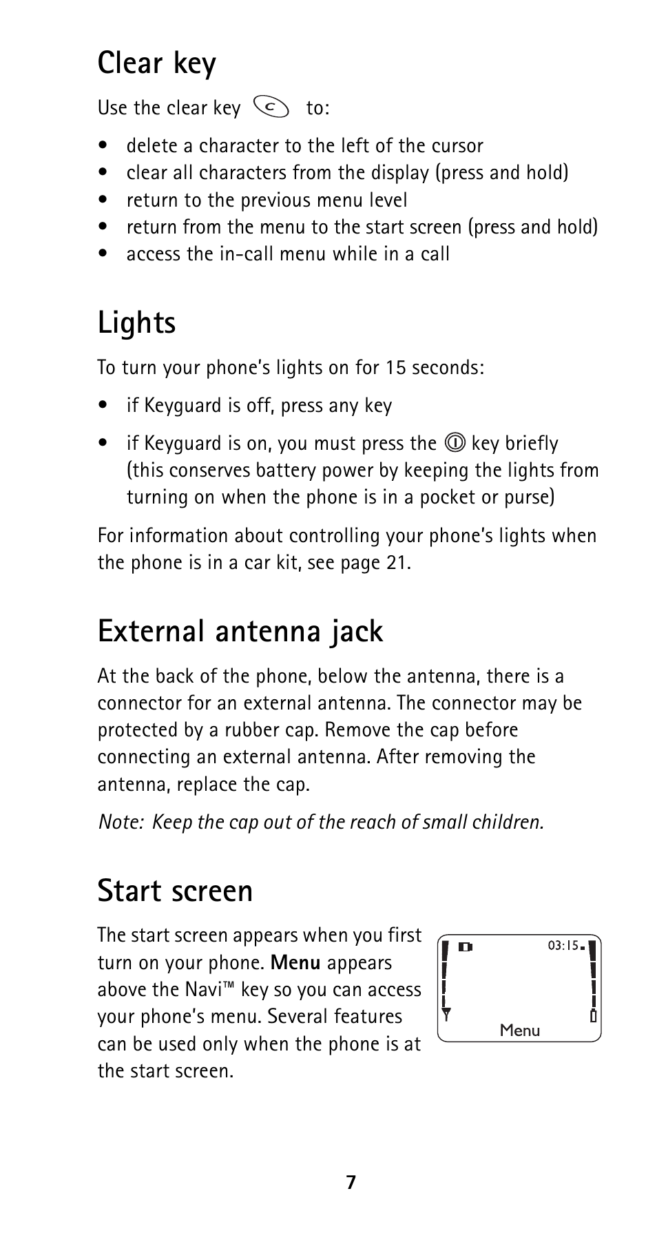 Clear key, Lights, External antenna jack | Start screen | Nokia 5120i User Manual | Page 14 / 85