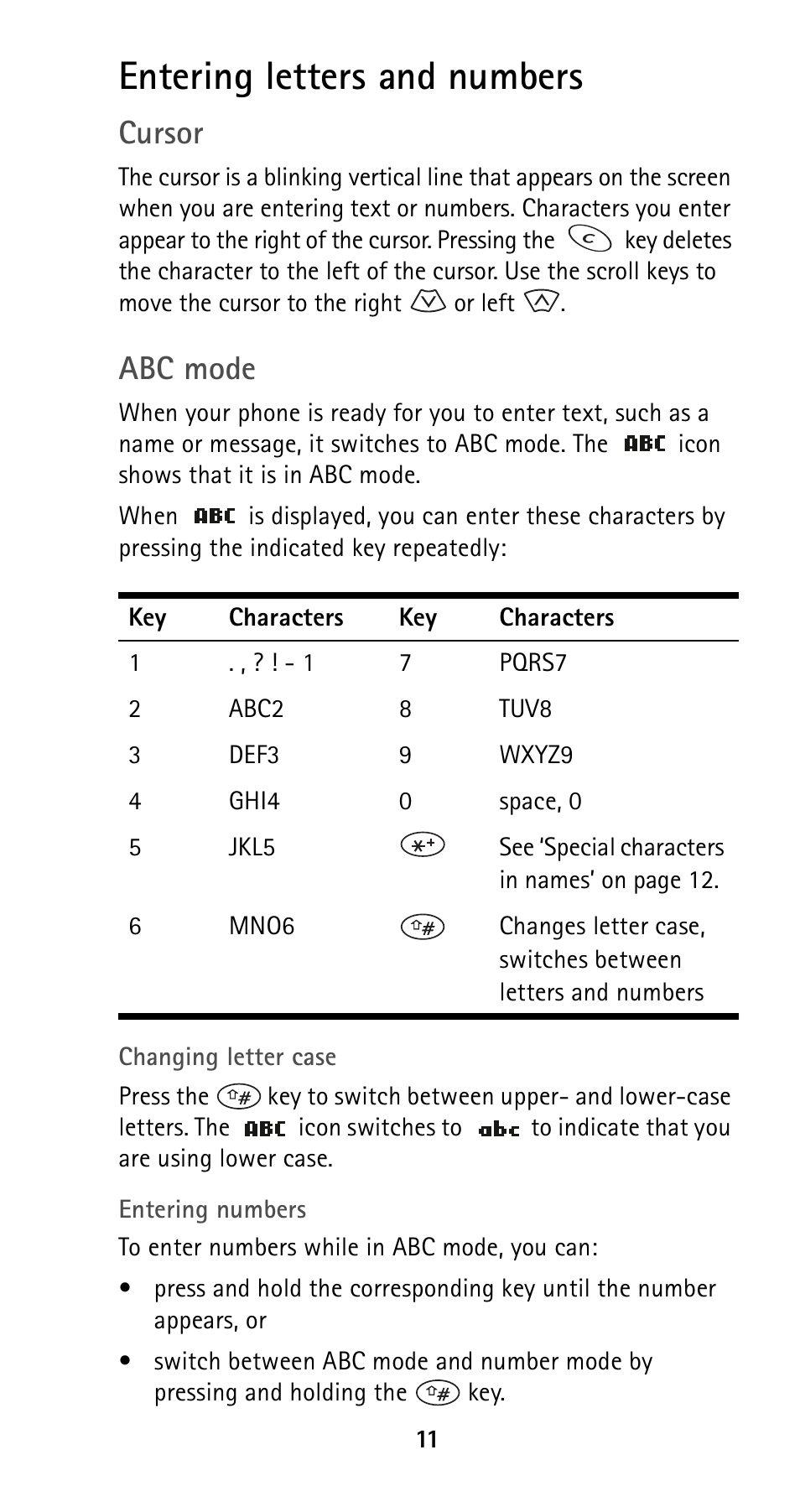 Entering letters and numbers, Cursor, Abc mode | Nokia 5120i User Manual | Page 18 / 85