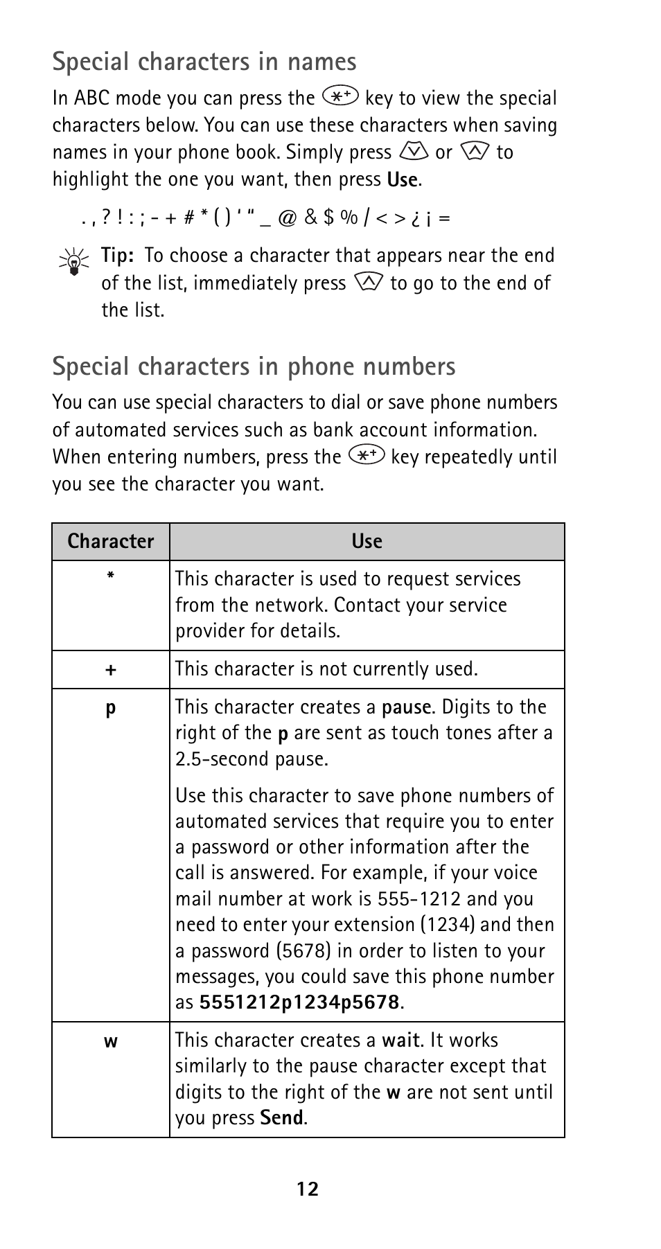 Special characters in names, Special characters in phone numbers | Nokia 5120i User Manual | Page 19 / 85
