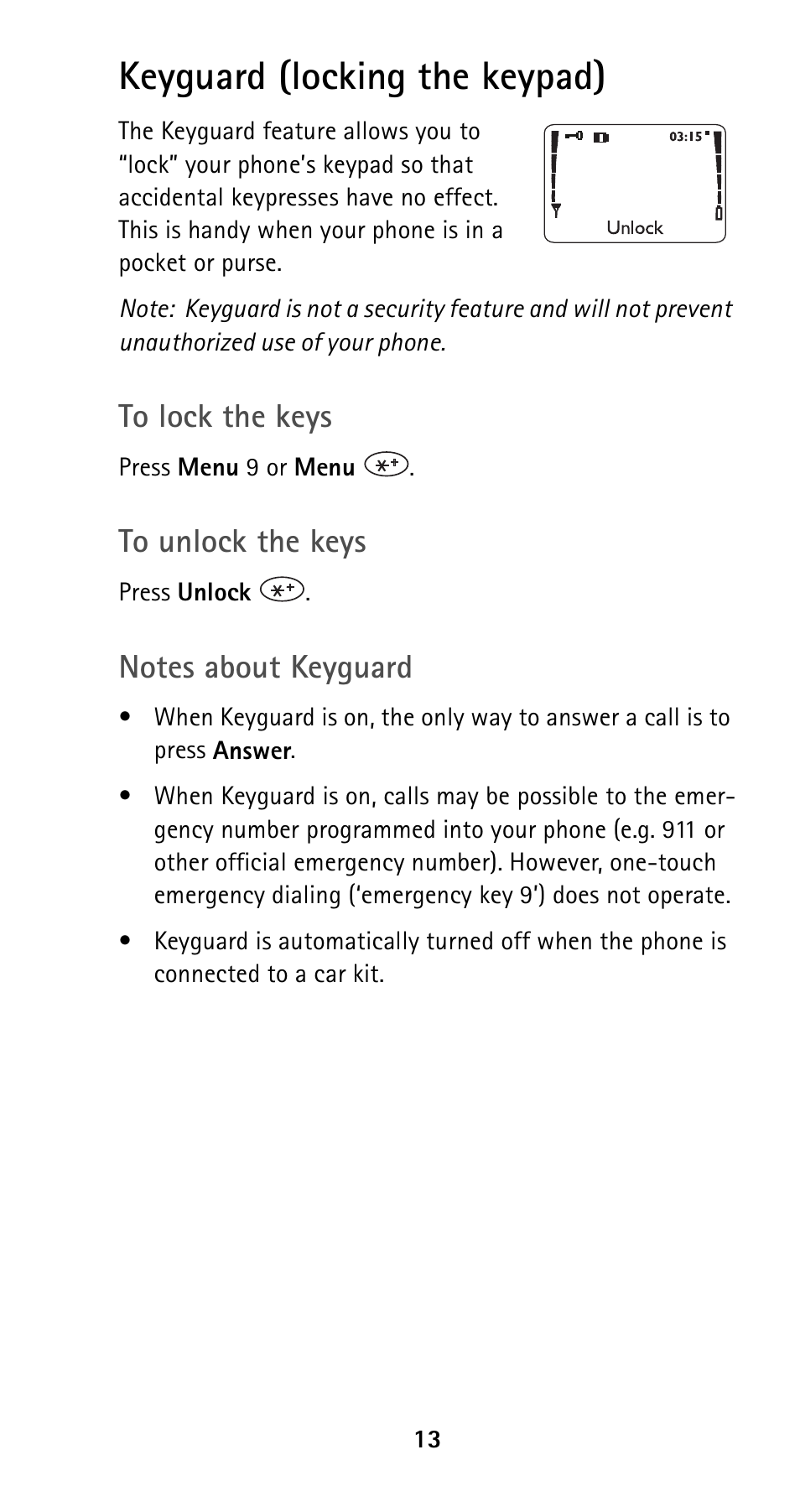 Keyguard (locking the keypad) | Nokia 5120i User Manual | Page 20 / 85