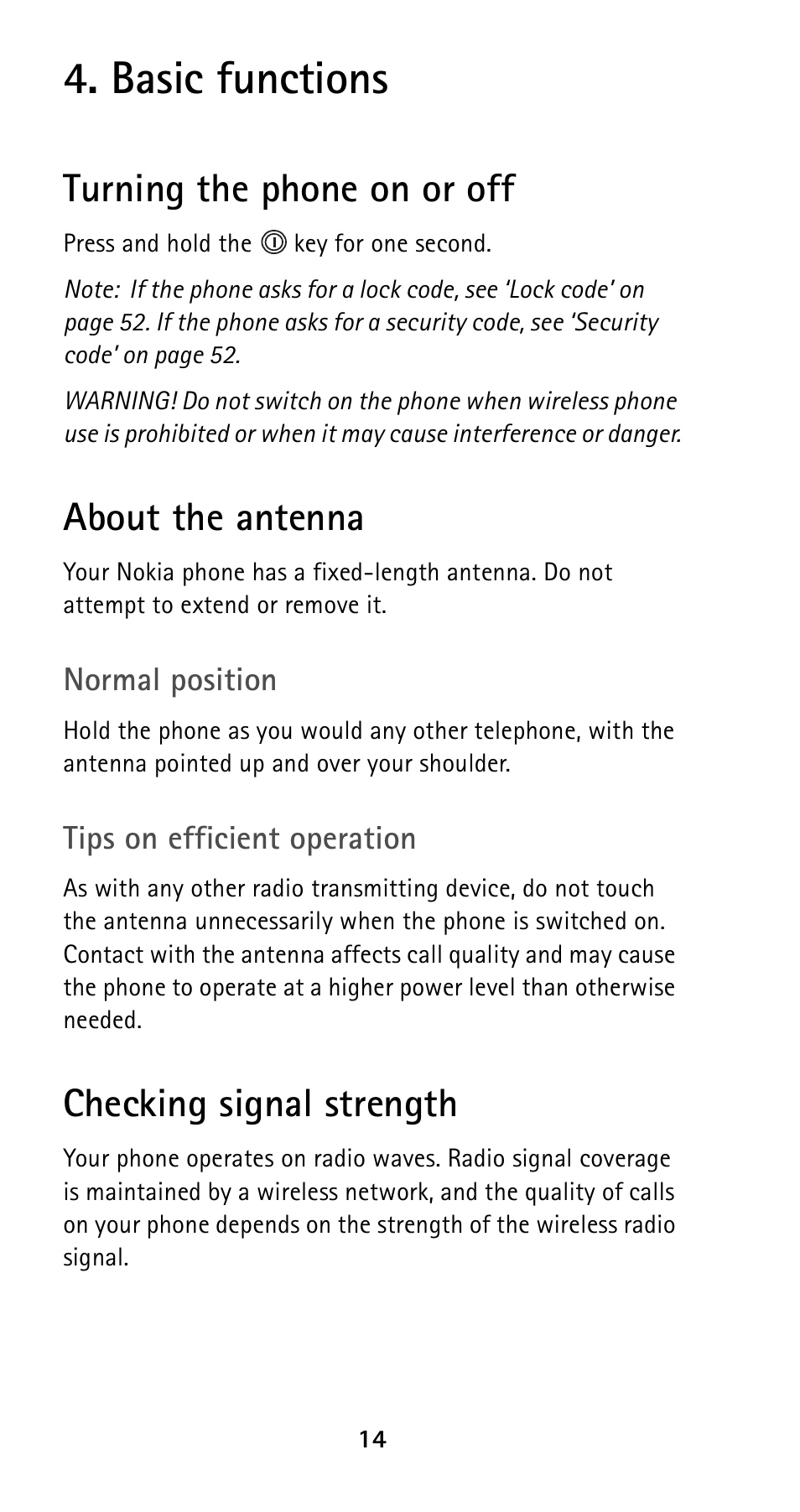 Basic functions, Turning the phone on or off, About the antenna | Checking signal strength | Nokia 5120i User Manual | Page 21 / 85