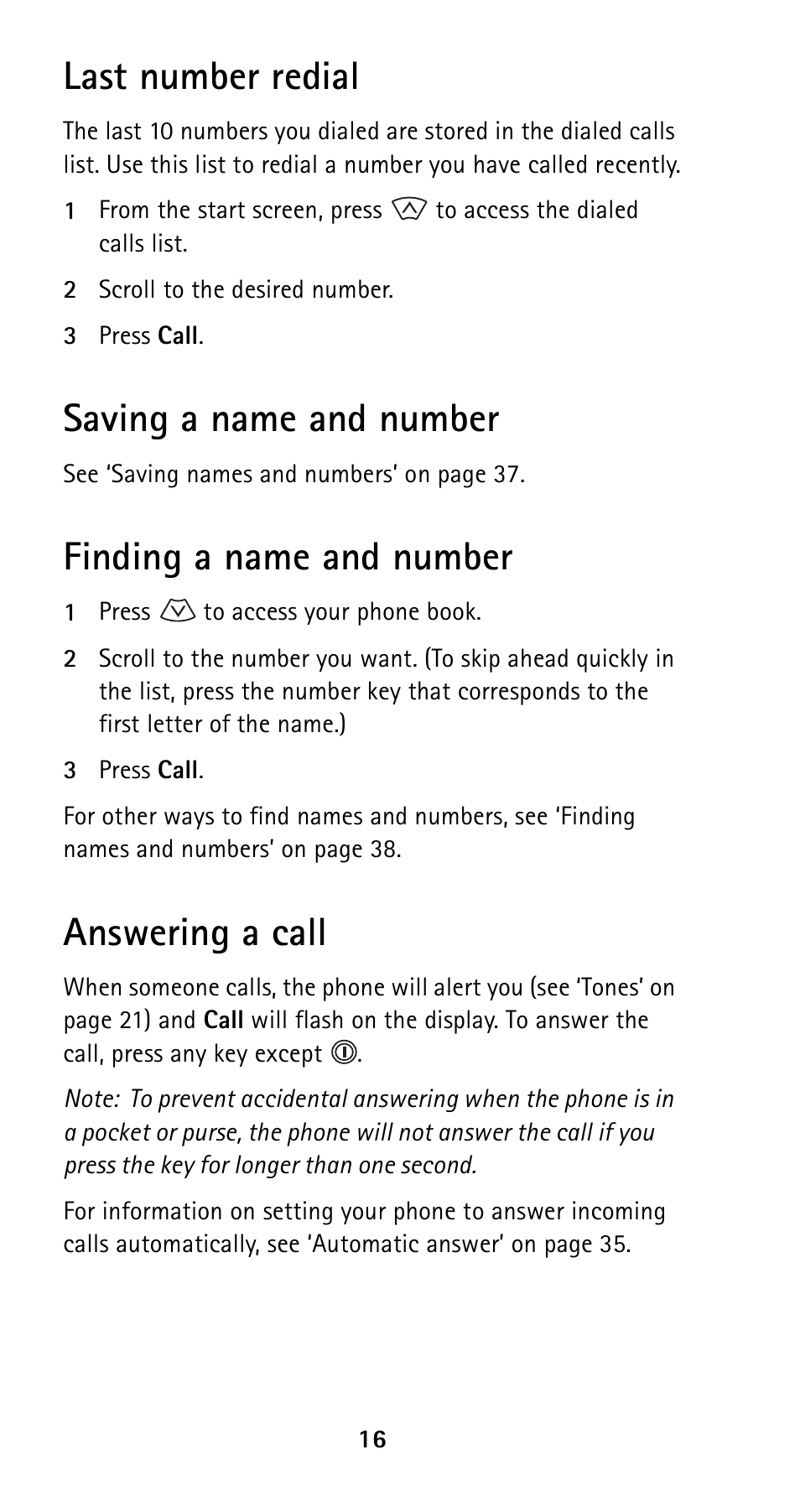 Last number redial, Saving a name and number, Finding a name and number | Answering a call | Nokia 5120i User Manual | Page 23 / 85