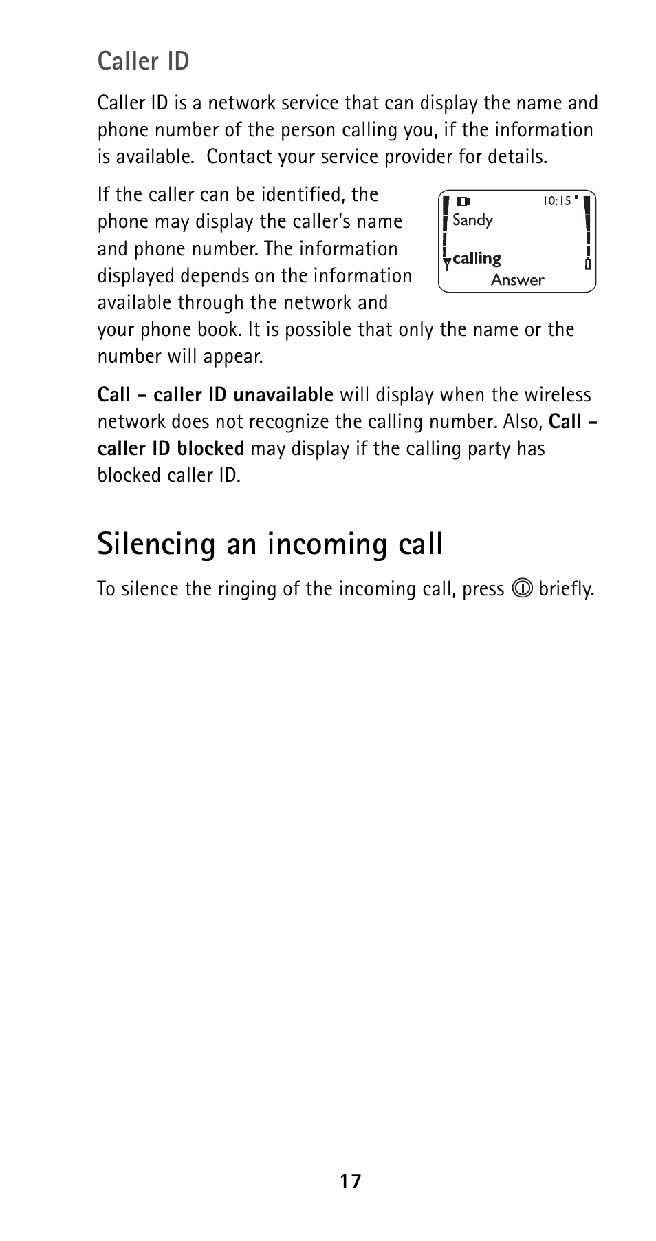 Silencing an incoming call, Caller id | Nokia 5120i User Manual | Page 24 / 85