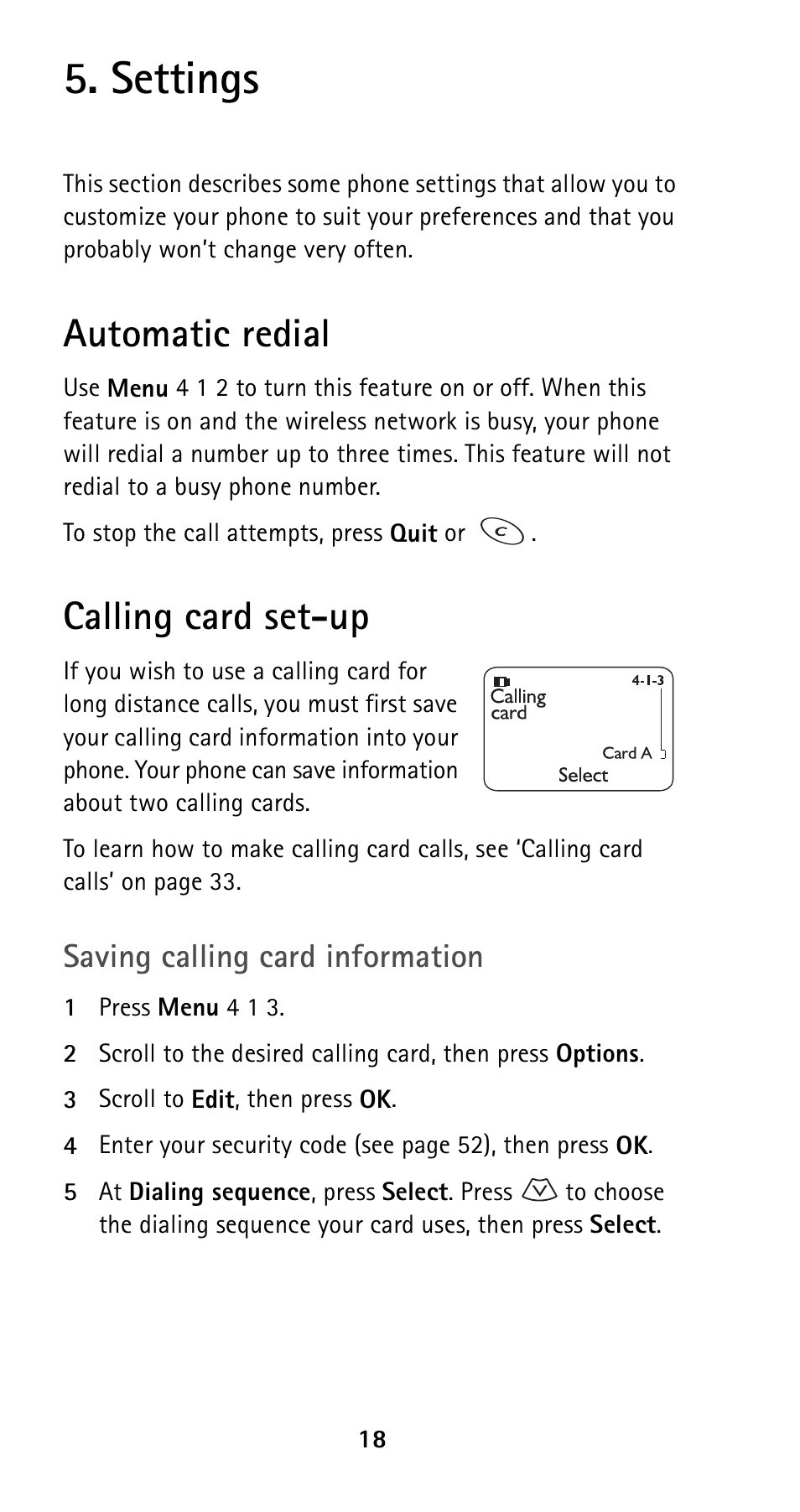 Settings, Automatic redial, Calling card set-up | Automatic redial calling card set-up | Nokia 5120i User Manual | Page 25 / 85