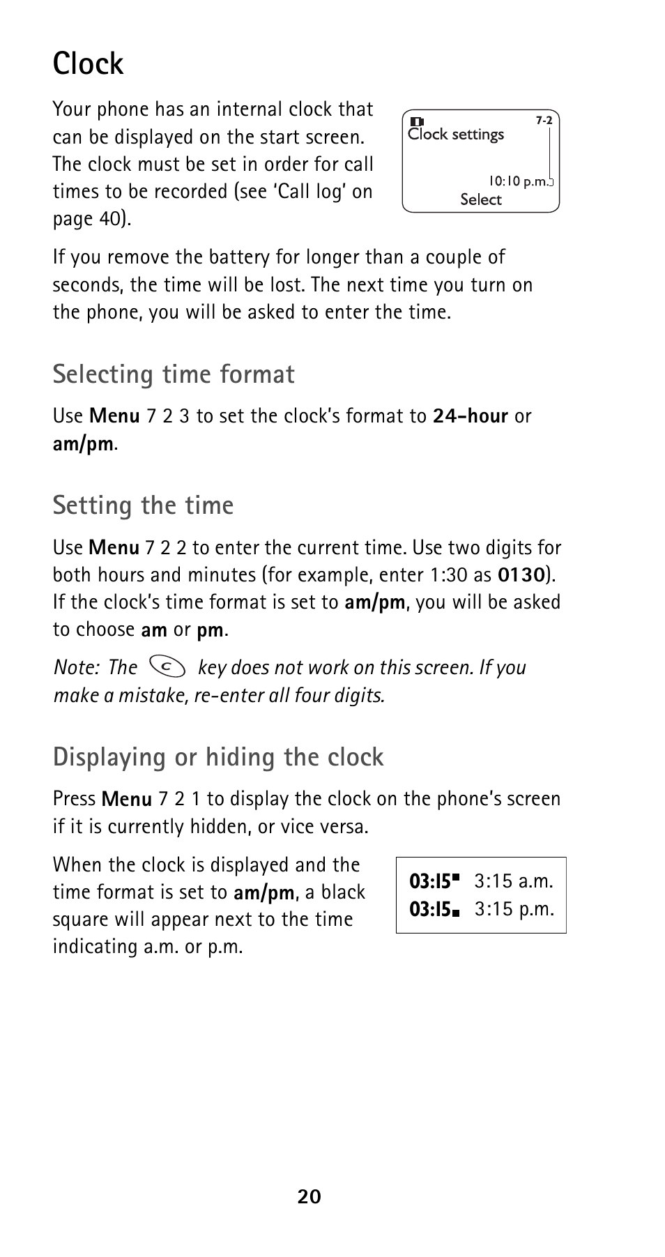 Clock, Selecting time format, Setting the time | Displaying or hiding the clock | Nokia 5120i User Manual | Page 27 / 85