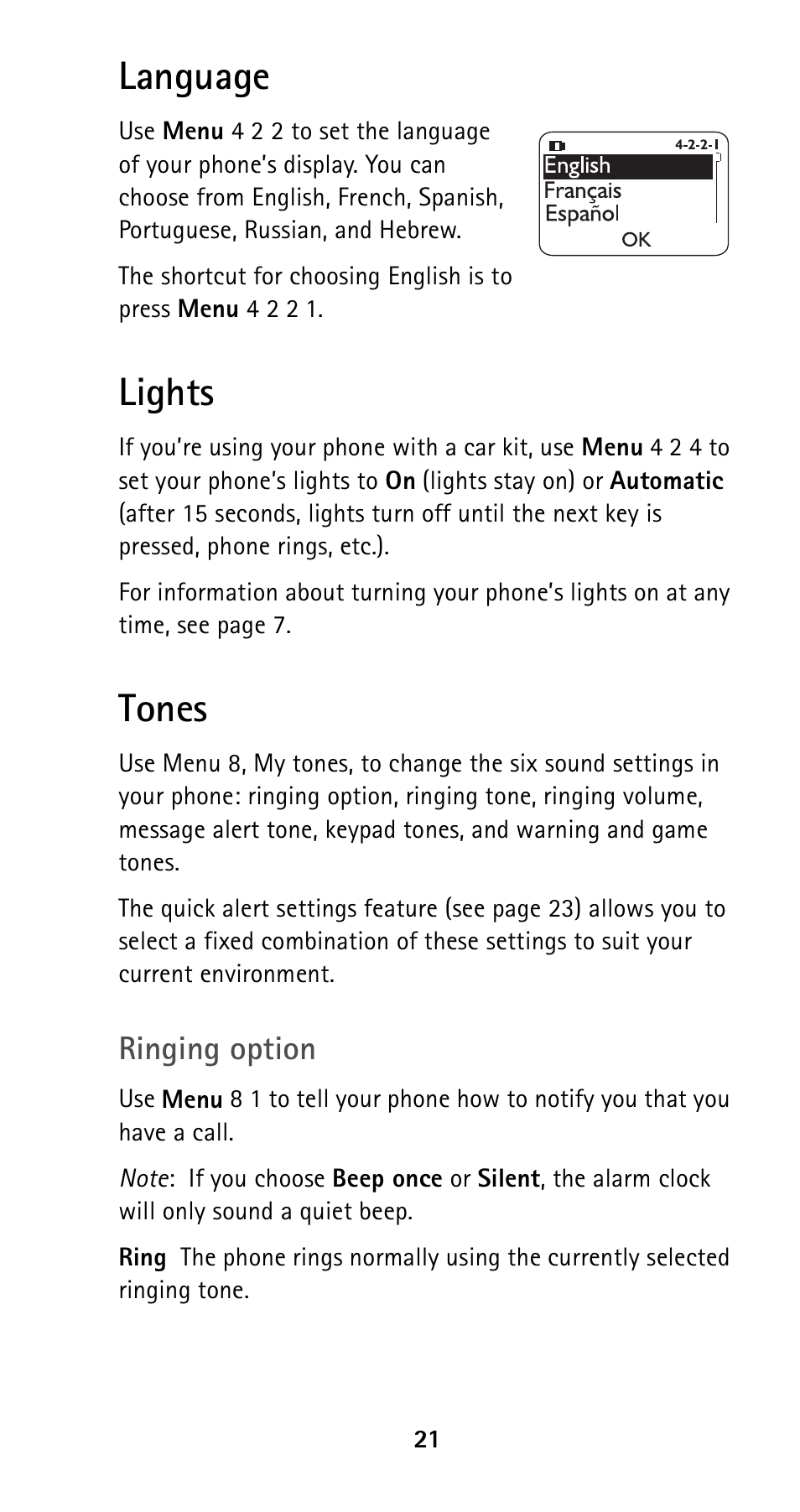 Language, Lights, Tones | Language lights tones | Nokia 5120i User Manual | Page 28 / 85