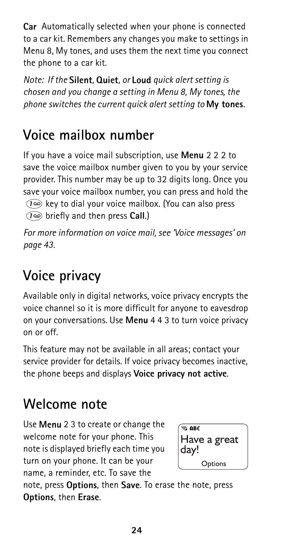 Voice mailbox number, Voice privacy, Welcome note | Voice mailbox number voice privacy welcome note | Nokia 5120i User Manual | Page 31 / 85