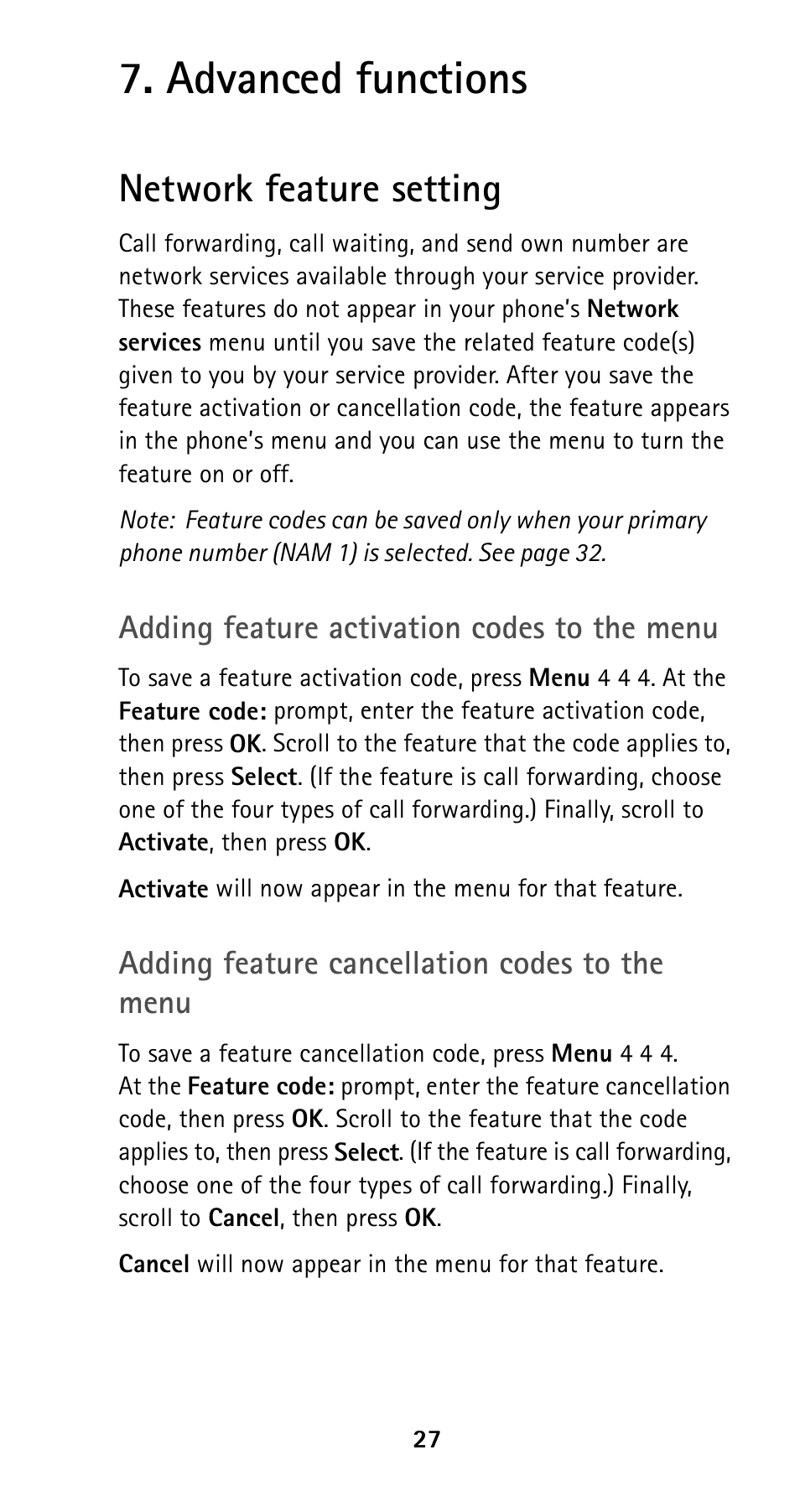 Advanced functions, Network feature setting, Adding feature activation codes to the menu | Adding feature cancellation codes to the menu | Nokia 5120i User Manual | Page 34 / 85