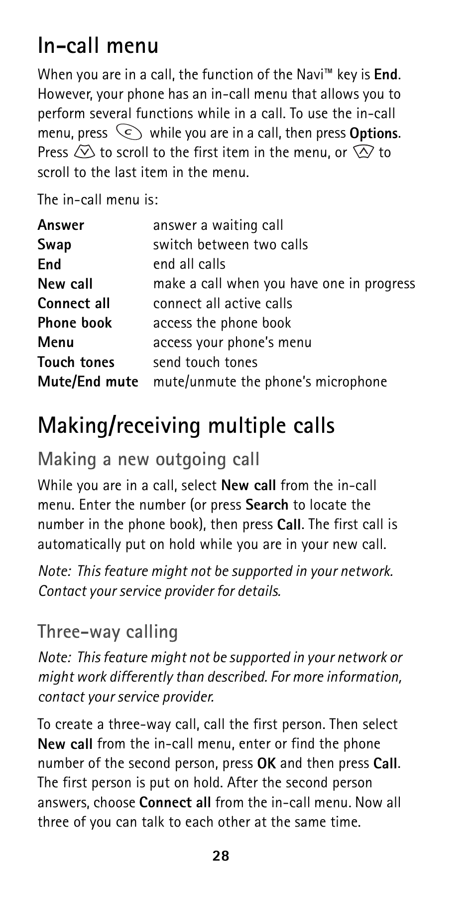 In-call menu, Making/receiving multiple calls, In-call menu making/receiving multiple calls | Making a new outgoing call, Three-way calling | Nokia 5120i User Manual | Page 35 / 85