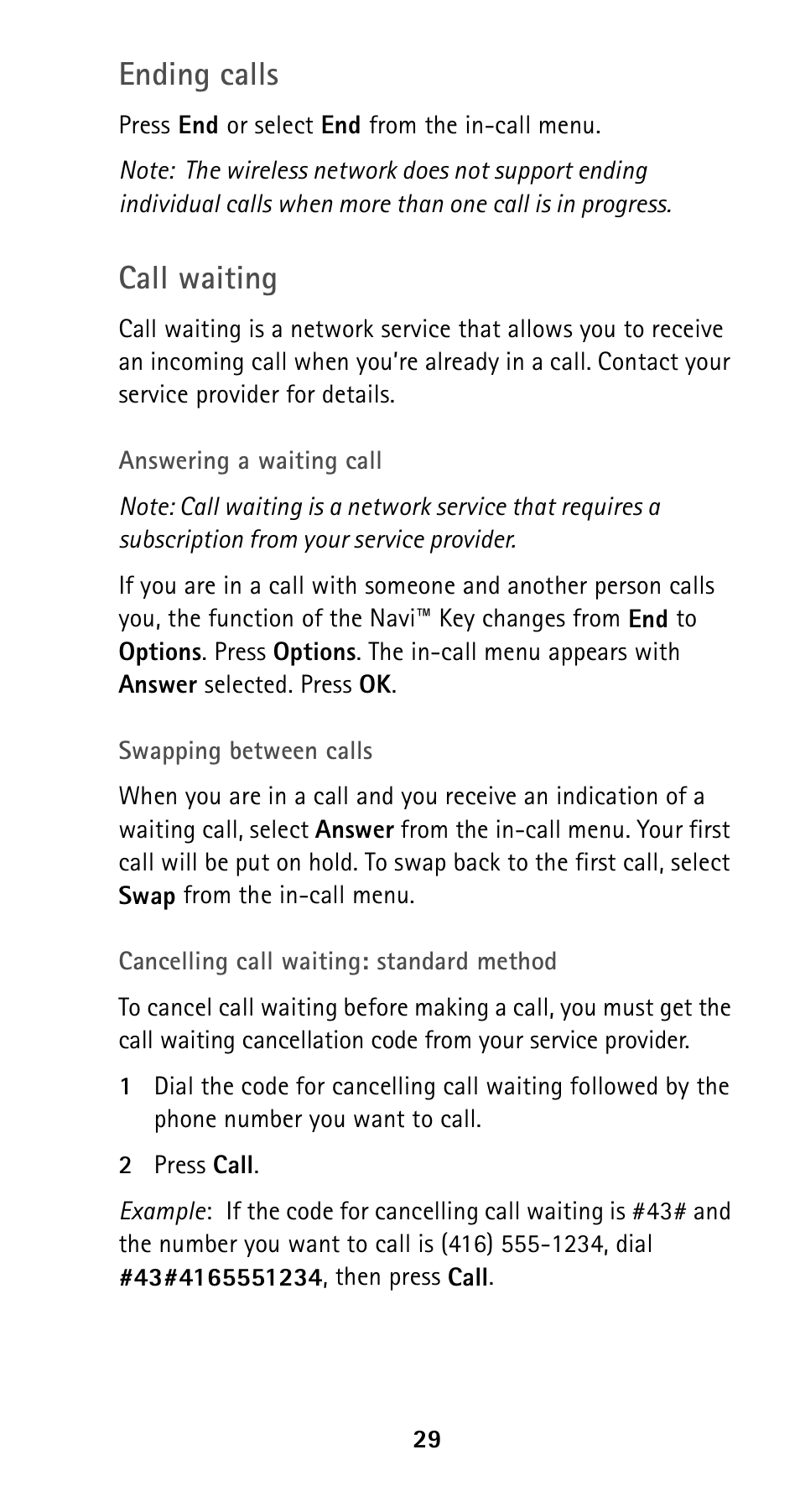 Ending calls, Call waiting | Nokia 5120i User Manual | Page 36 / 85