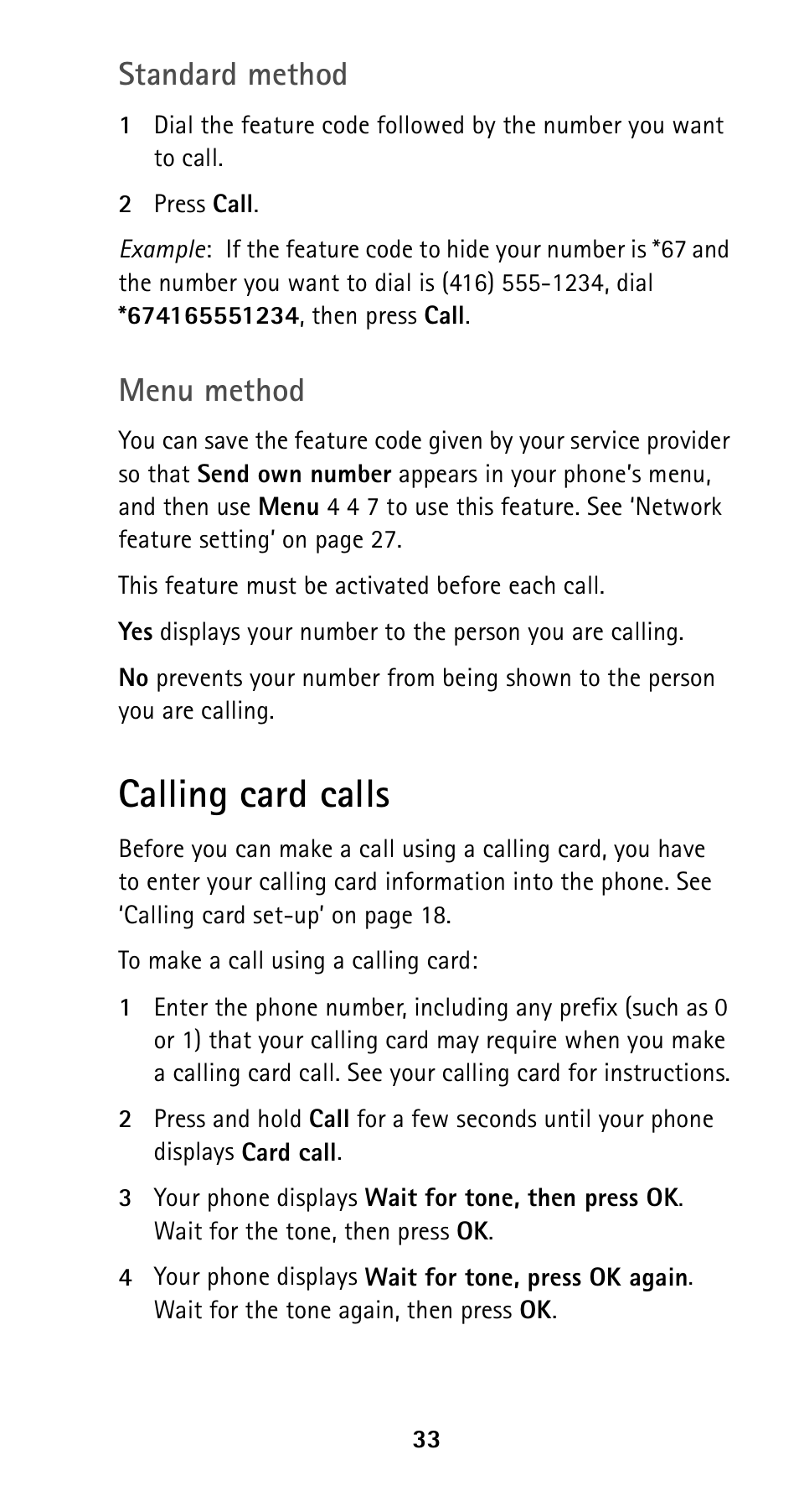 Calling card calls, Standard method, Menu method | Nokia 5120i User Manual | Page 40 / 85