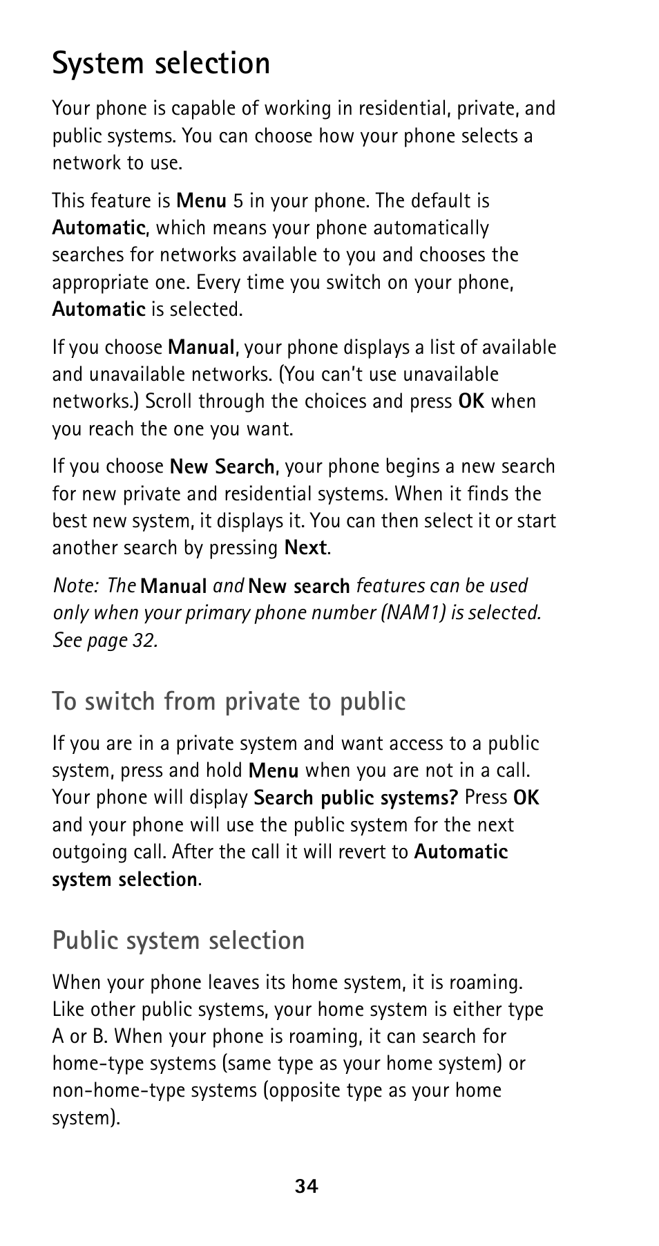 System selection, Public system selection | Nokia 5120i User Manual | Page 41 / 85