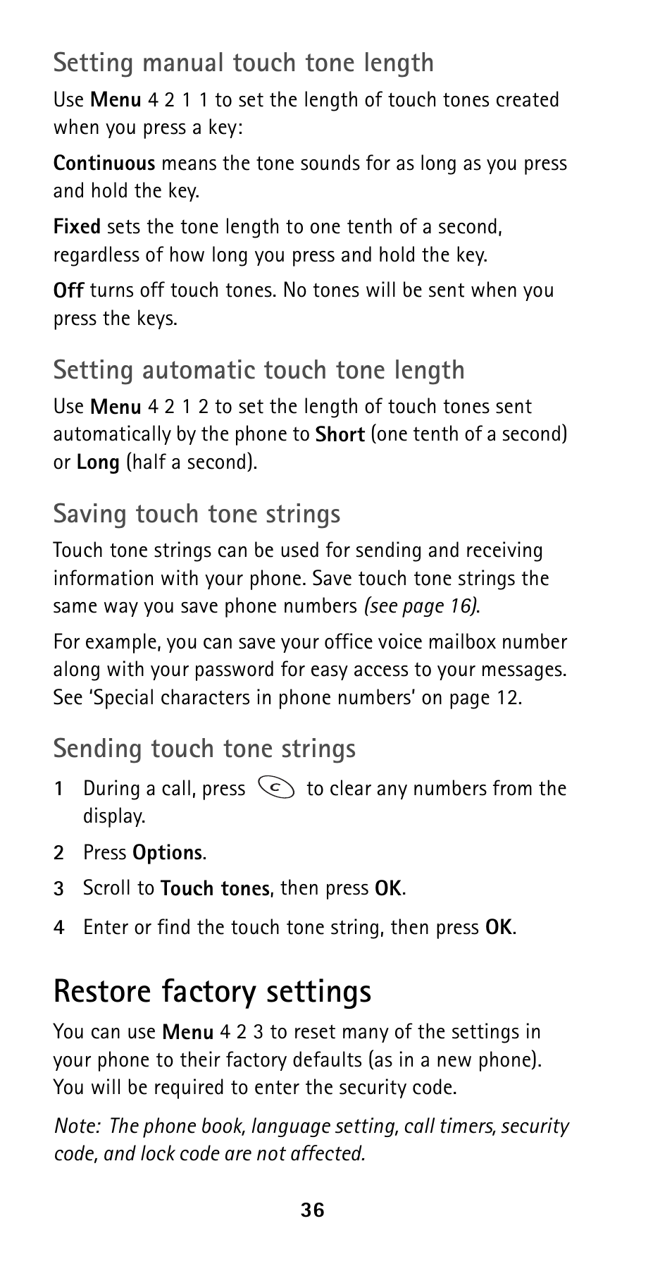 Restore factory settings, Restricting calls, Setting manual touch tone length | Setting automatic touch tone length, Saving touch tone strings, Sending touch tone strings | Nokia 5120i User Manual | Page 43 / 85