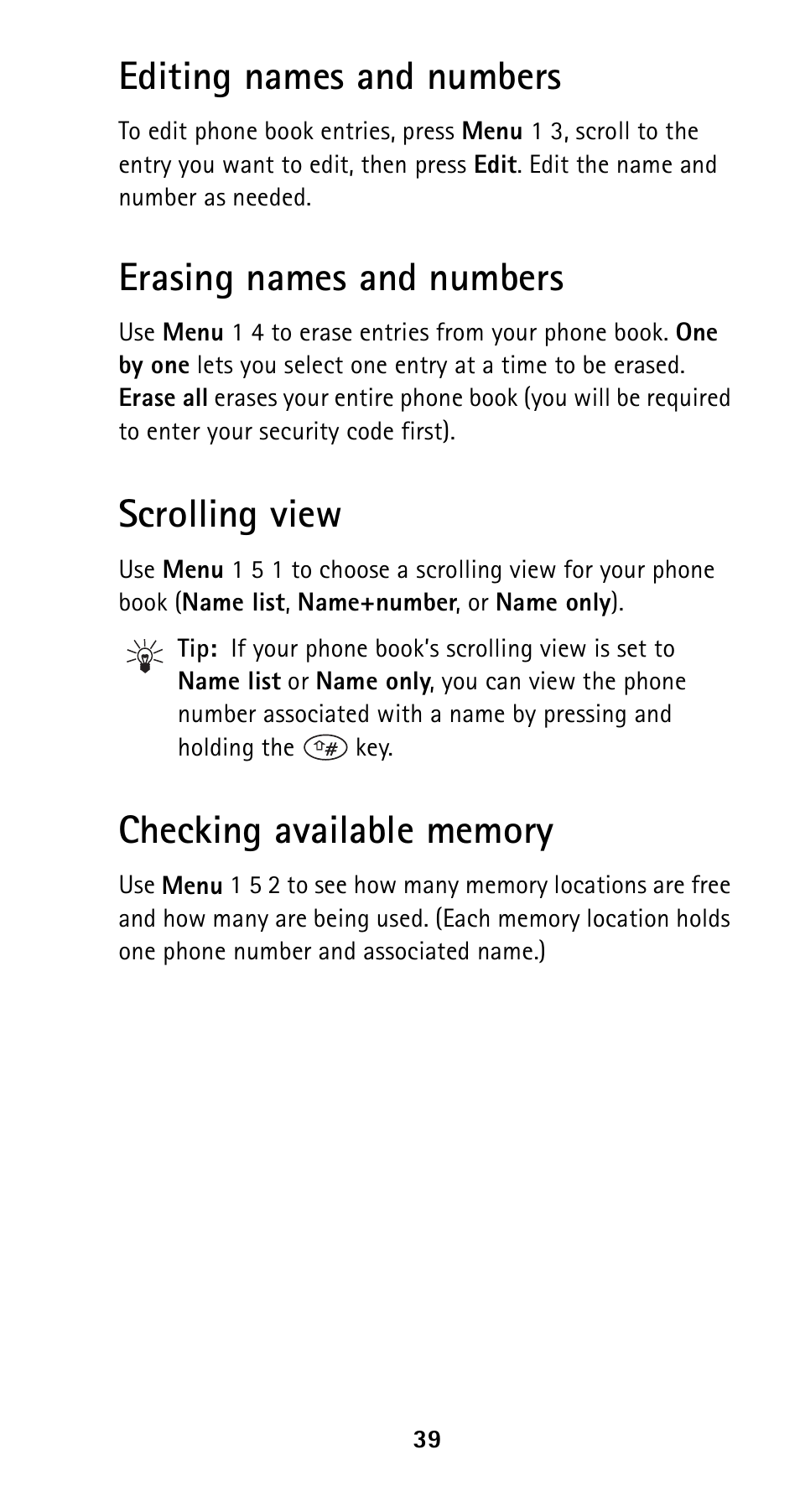 Editing names and numbers, Erasing names and numbers, Scrolling view | Checking available memory | Nokia 5120i User Manual | Page 46 / 85