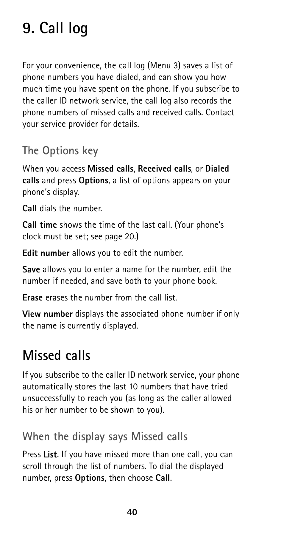 Call log, Missed calls | Nokia 5120i User Manual | Page 47 / 85