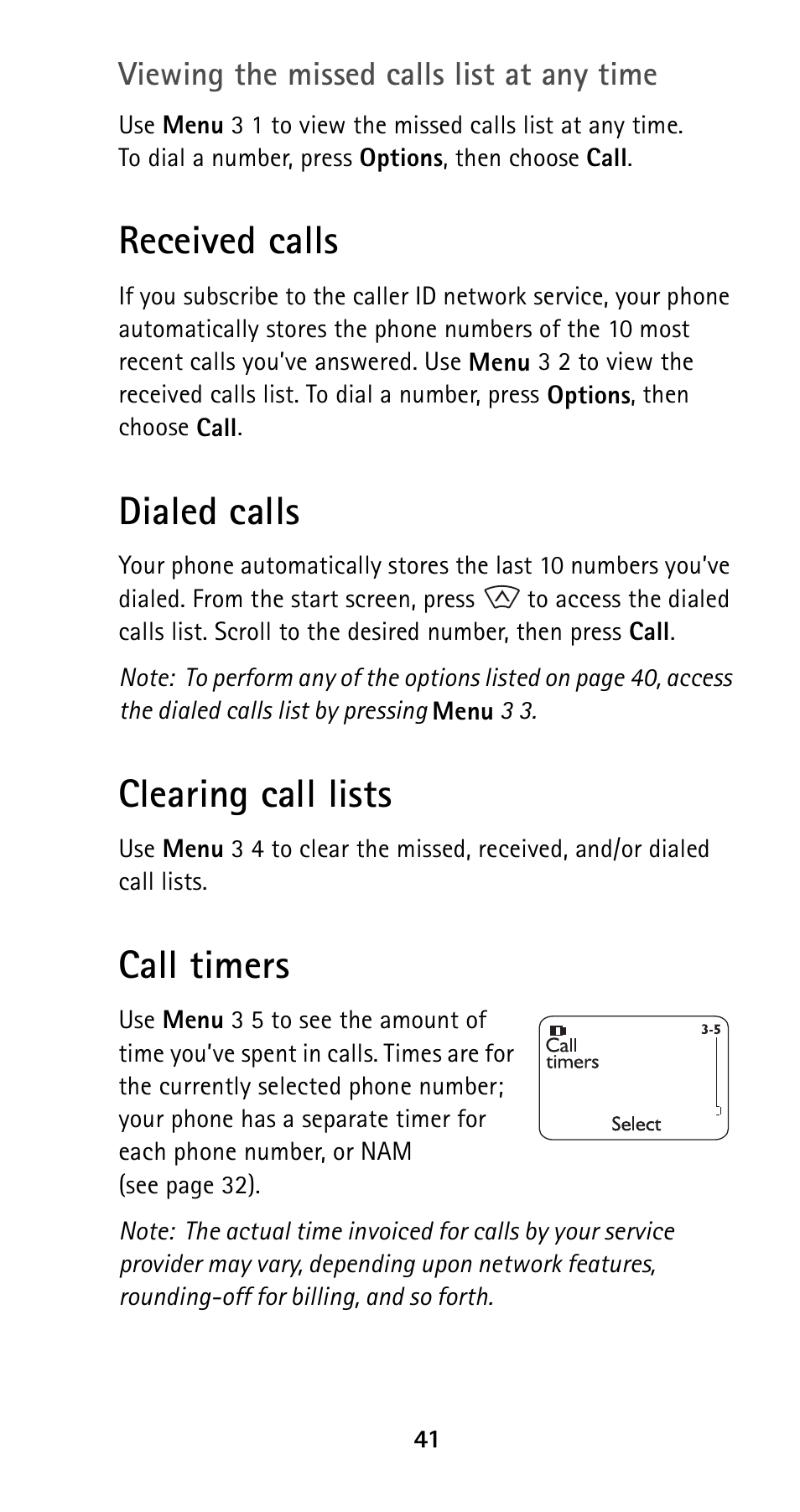 Received calls, Dialed calls, Clearing call lists | Call timers | Nokia 5120i User Manual | Page 48 / 85