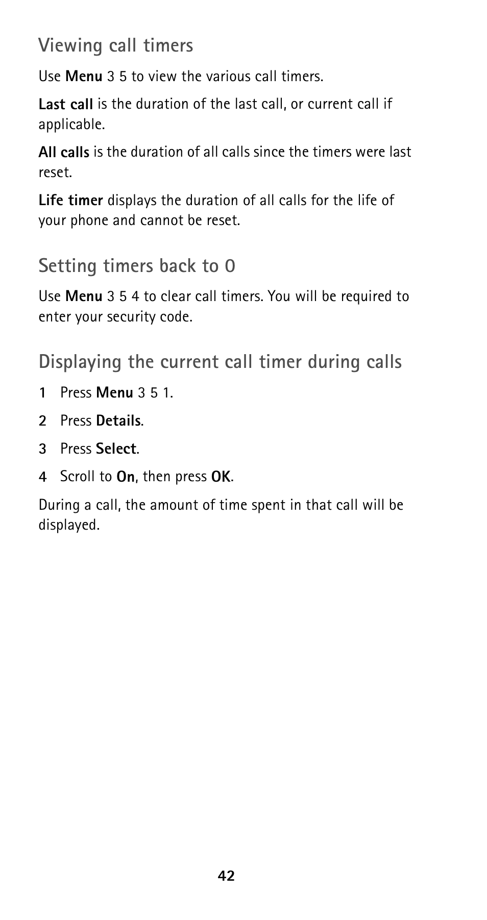 Viewing call timers, Setting timers back to 0, Displaying the current call timer during calls | Nokia 5120i User Manual | Page 49 / 85
