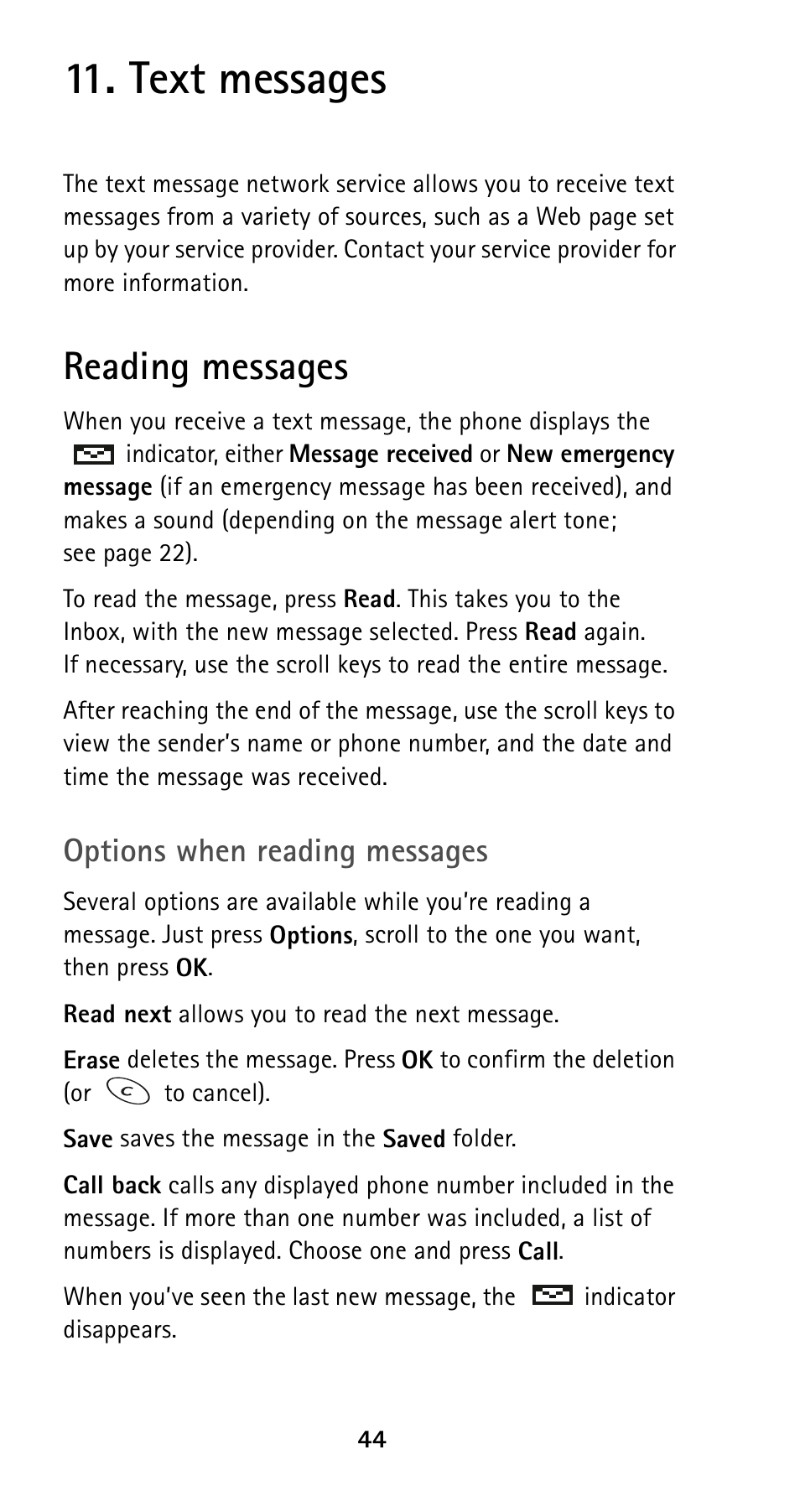 Text messages, Reading messages, Options when reading messages | Nokia 5120i User Manual | Page 51 / 85