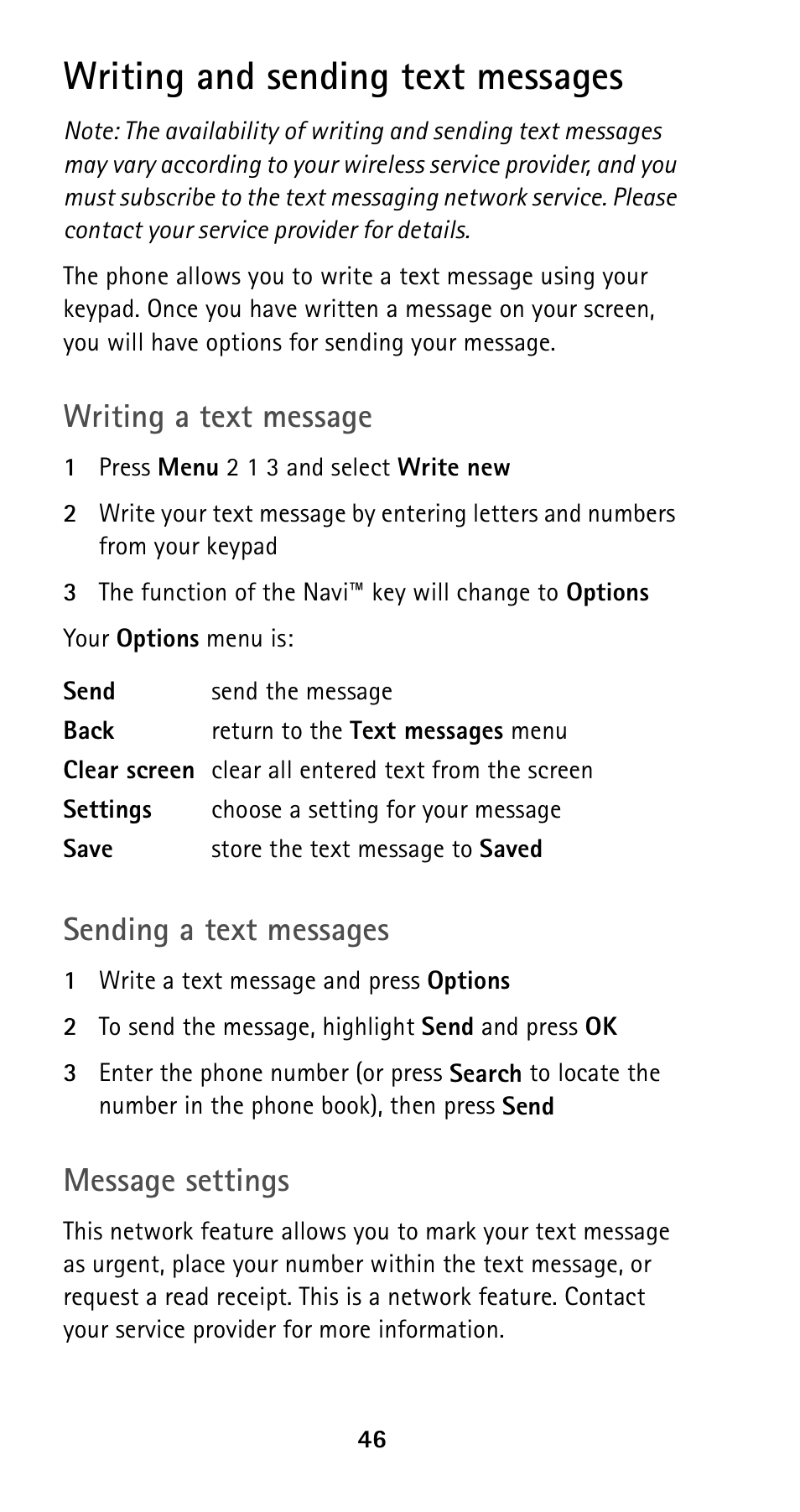 Writing and sending text messages, Writing a text message, Sending a text messages | Message settings | Nokia 5120i User Manual | Page 53 / 85