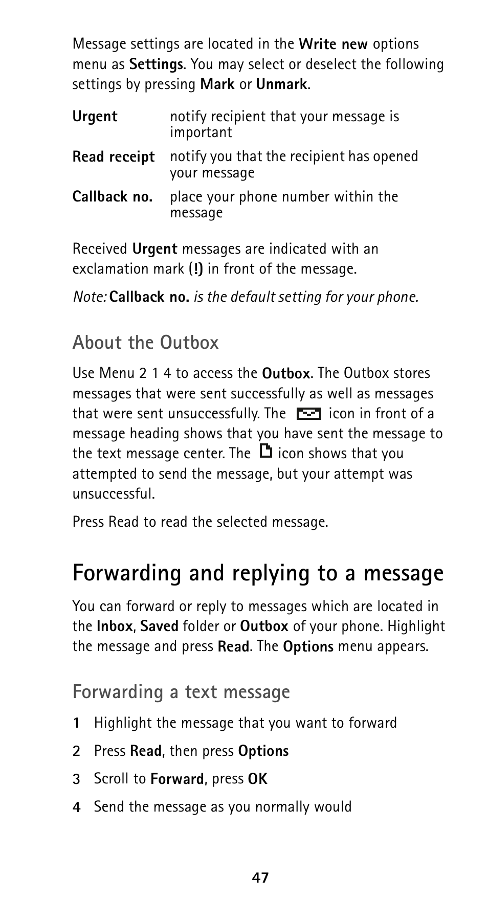 Forwarding and replying to a message, About the outbox, Forwarding a text message | Nokia 5120i User Manual | Page 54 / 85