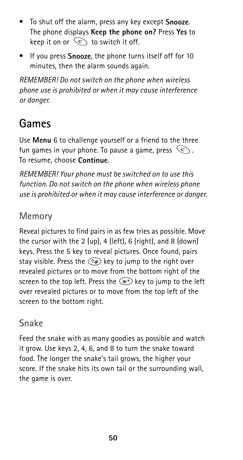 Games, Snake | Nokia 5120i User Manual | Page 57 / 85