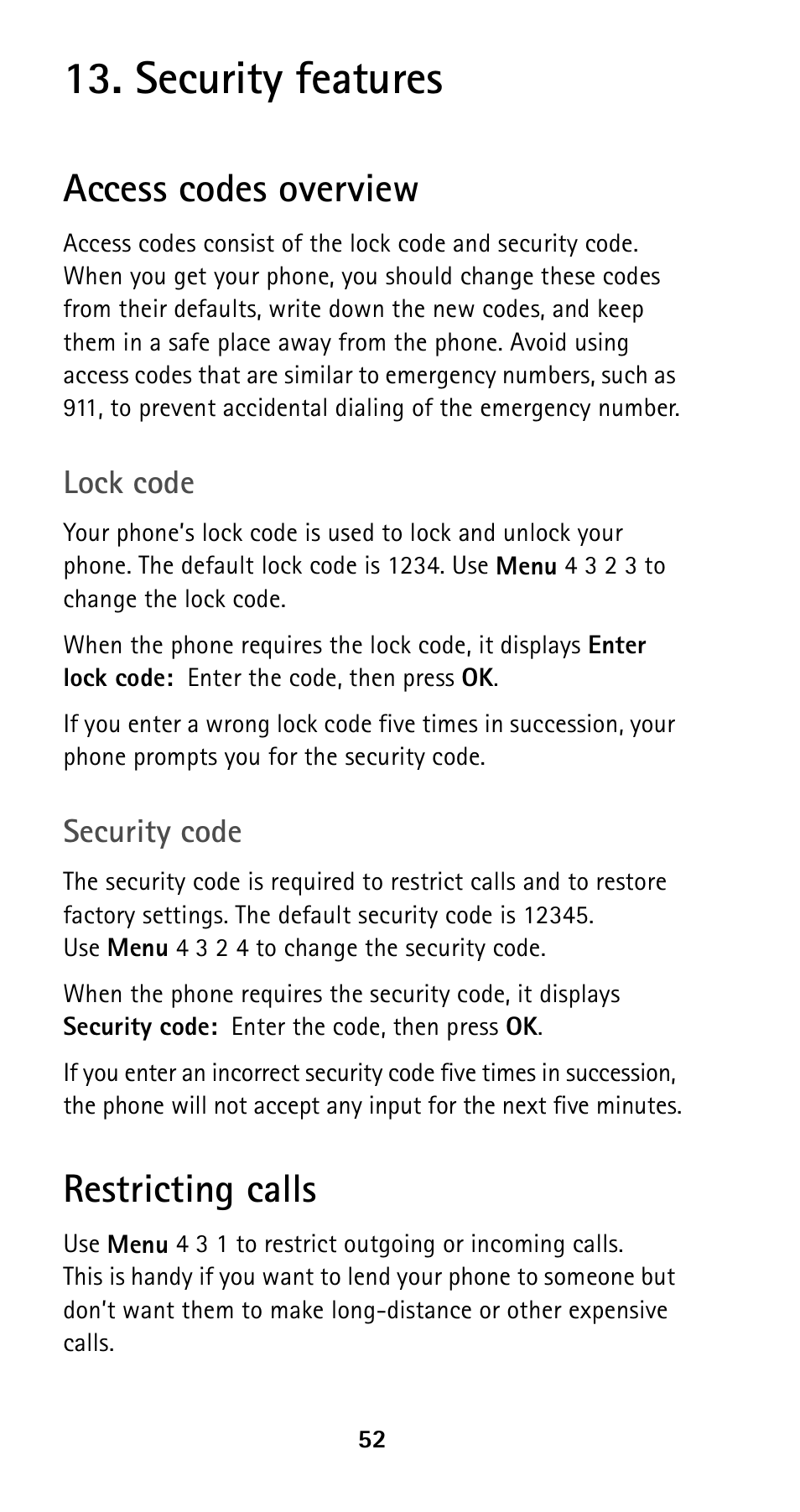 Security features, Access codes overview, Lock code | Security code, Restricting calls, Lock code security code | Nokia 5120i User Manual | Page 59 / 85