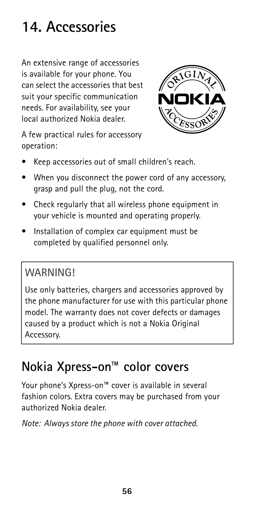 Accessories, Nokia xpress-on™ color covers, Warning | Nokia 5120i User Manual | Page 63 / 85