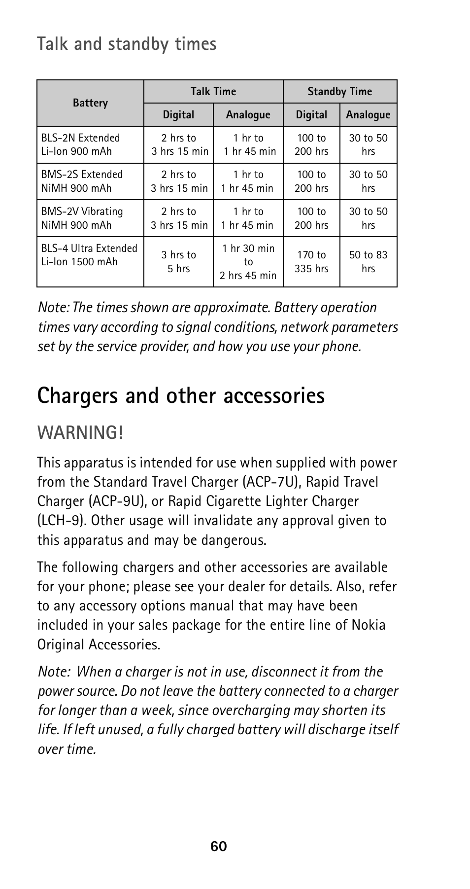 Chargers and other accessories, Talk and standby times, Warning | Nokia 5120i User Manual | Page 67 / 85