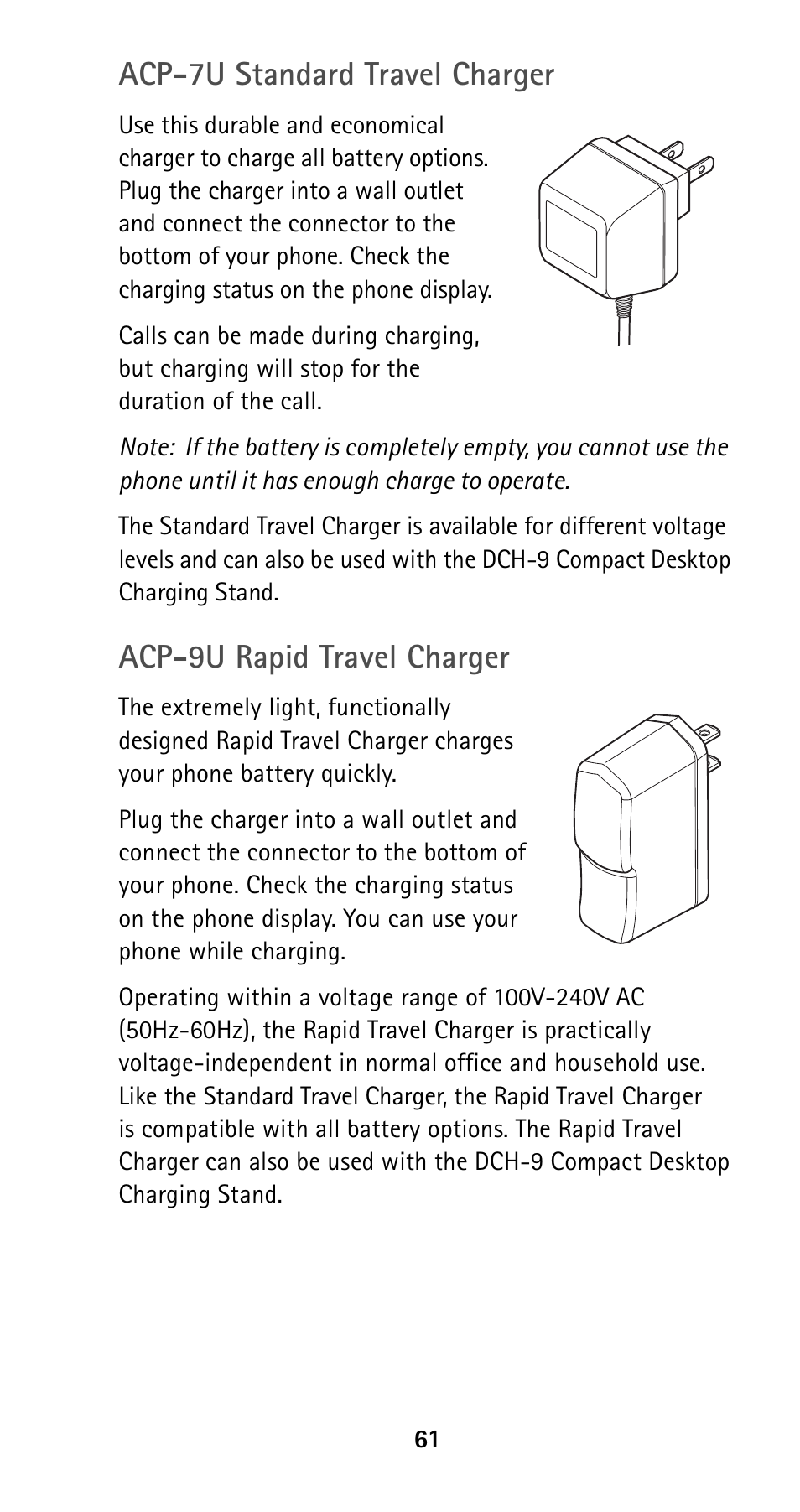 Acp-7u standard travel charger, Acp-9u rapid travel charger | Nokia 5120i User Manual | Page 68 / 85