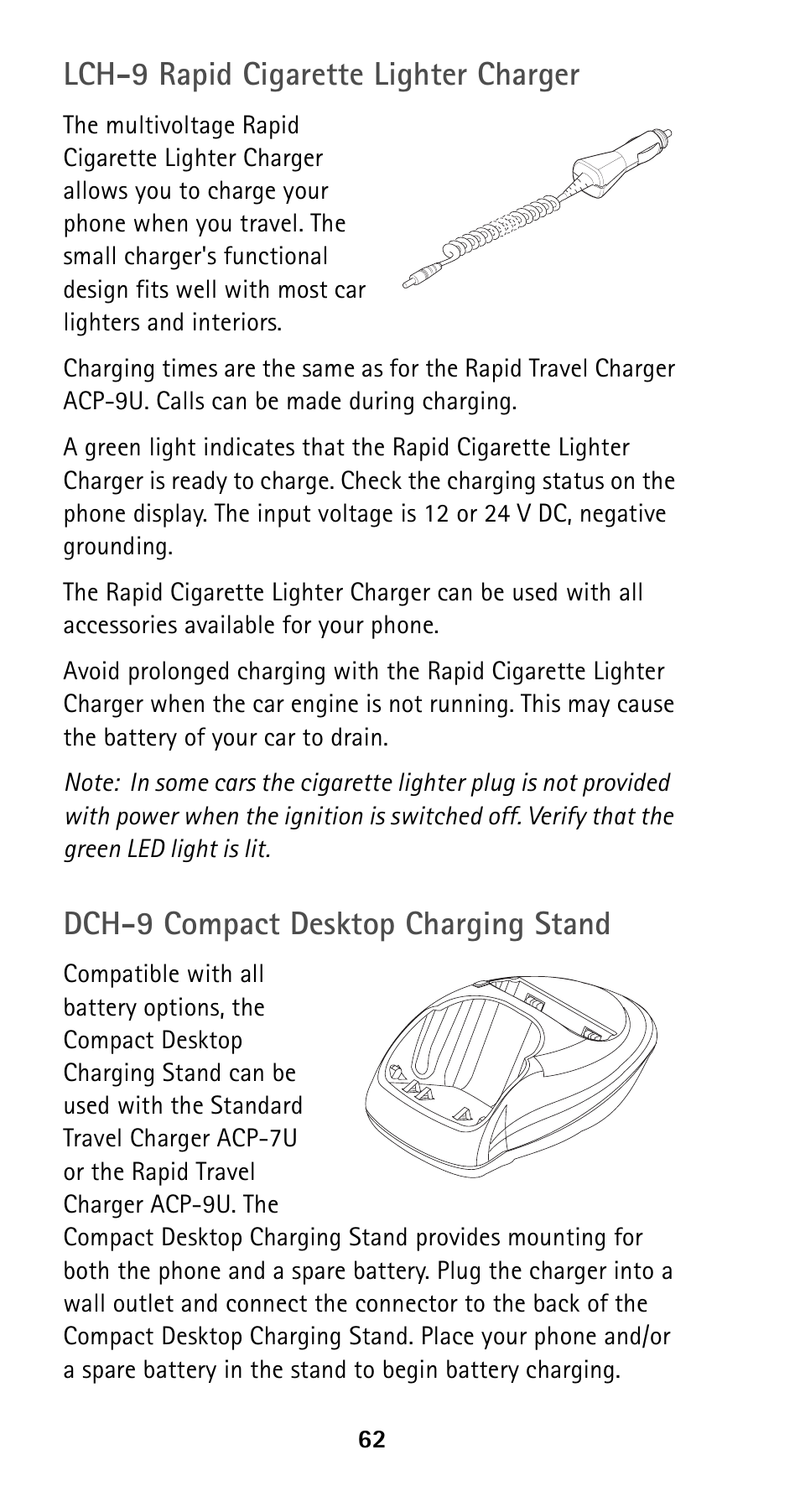 Lch-9 rapid cigarette lighter charger, Dch-9 compact desktop charging stand | Nokia 5120i User Manual | Page 69 / 85
