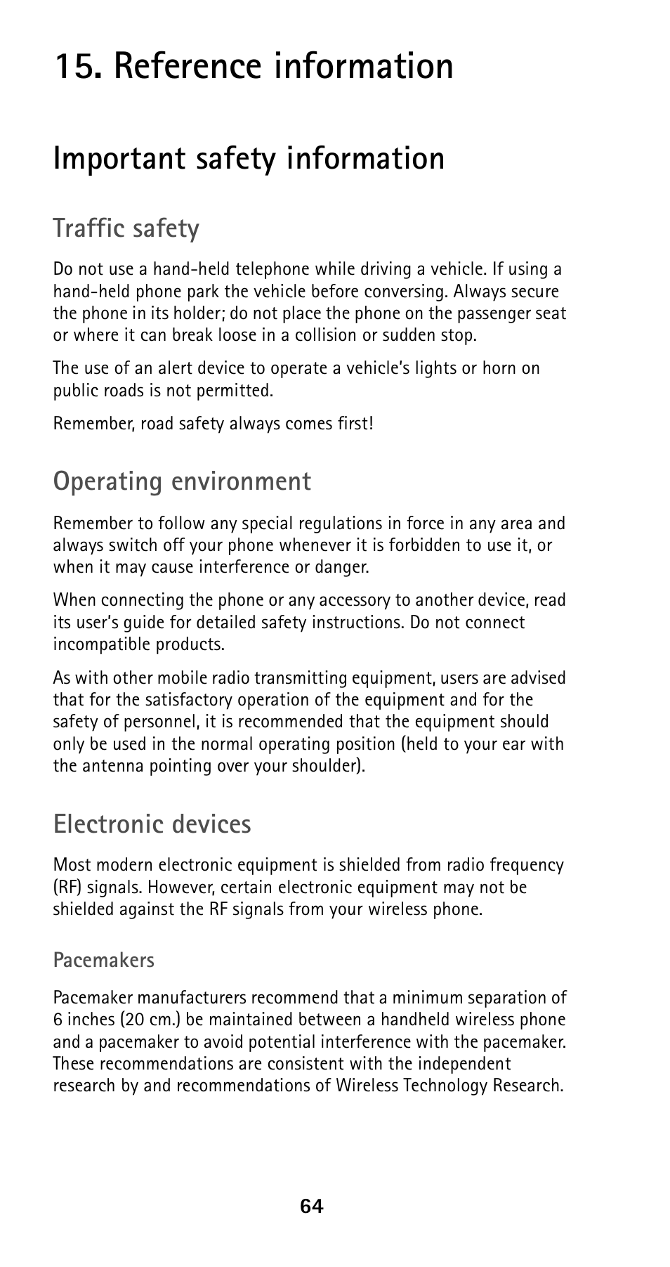 Reference information, Important safety information, Traffic safety | Operating environment, Electronic devices | Nokia 5120i User Manual | Page 71 / 85