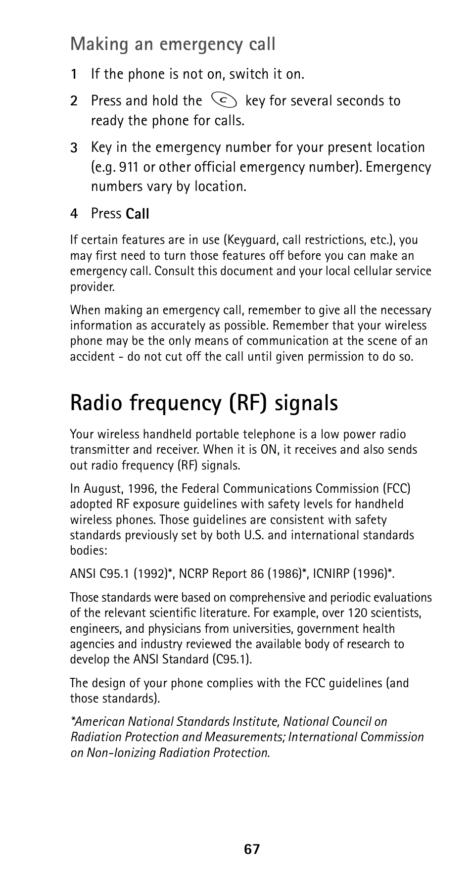 Radio frequency (rf) signals, Making an emergency call | Nokia 5120i User Manual | Page 74 / 85
