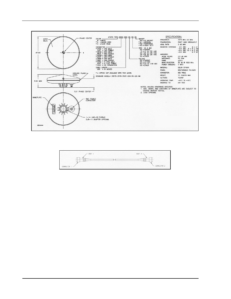 Figure 13: gps antenna 201-990147-606 (+26 db), Figure 14: coaxial cable assembly, Gps antenna 201-990147-606 (+26 db) | Coaxial cable assembly | Novatel SUPERSTAR II OM-20000077 User Manual | Page 60 / 87