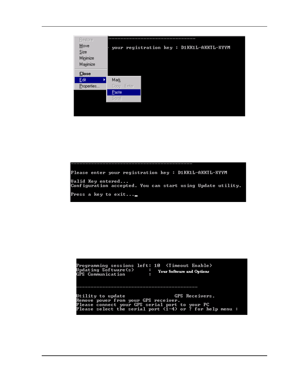 4 registration key accepted, Figure 16: configuration accepted, 5 starting software and options update | Figure 17: update utility activation, Paste the registration key into the dos window, Configuration accepted, Update utility activation | Novatel SMART ANTENNA User Manual | Page 33 / 49