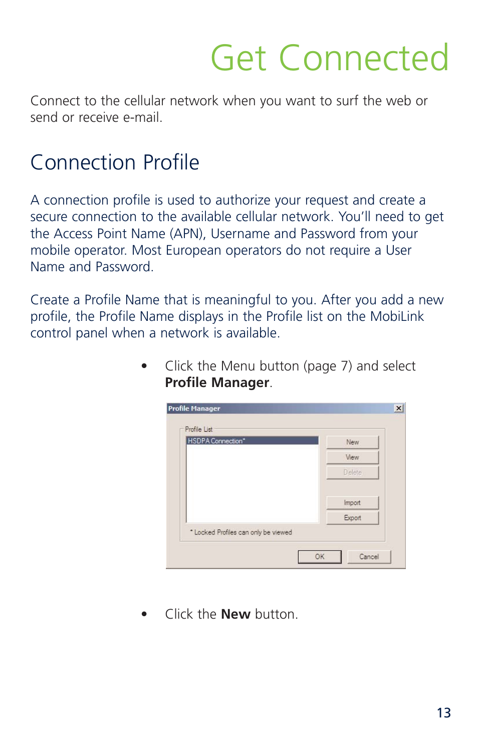 Get connected, Connection profile | Novatel Merlin XU870 User Manual | Page 19 / 53