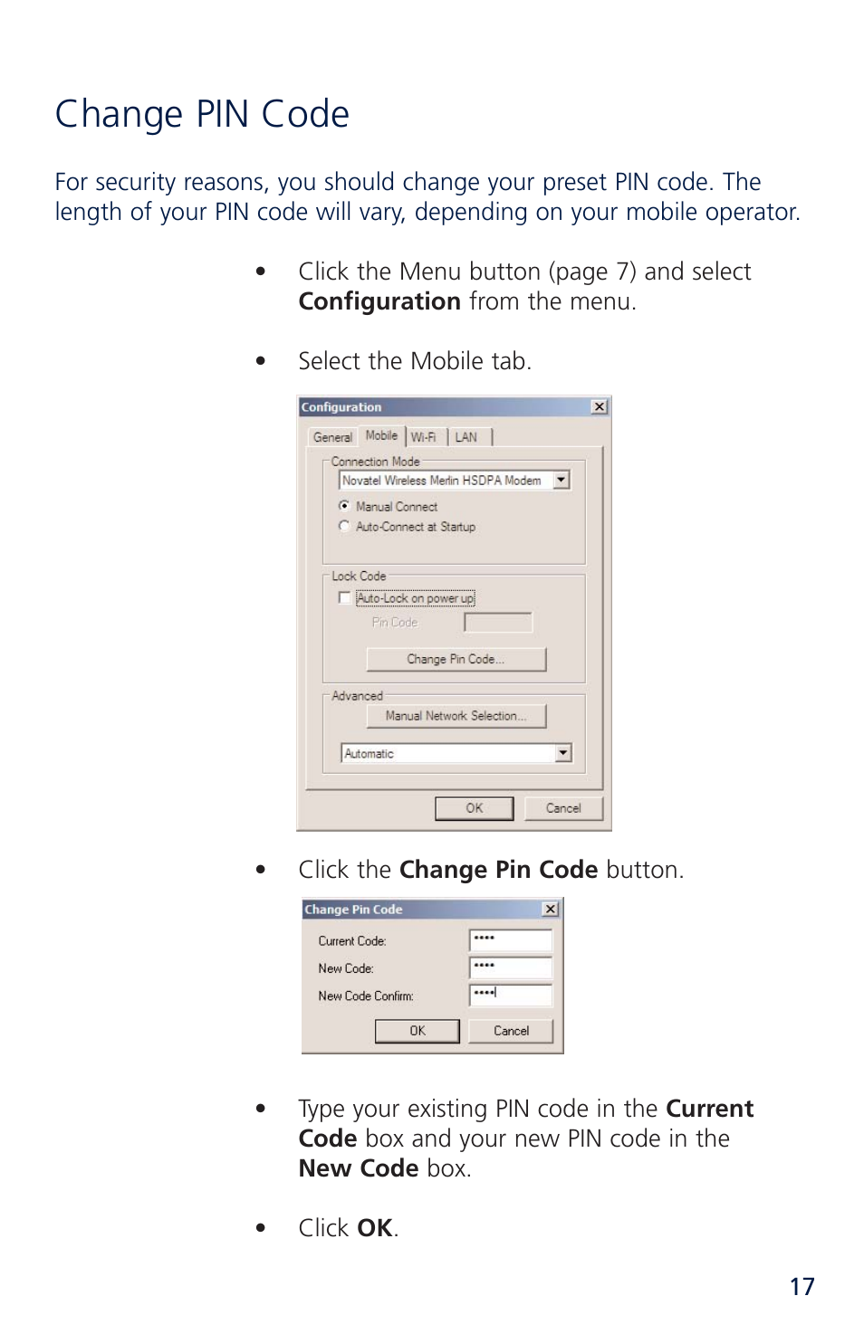 Change pin code | Novatel Merlin XU870 User Manual | Page 23 / 53