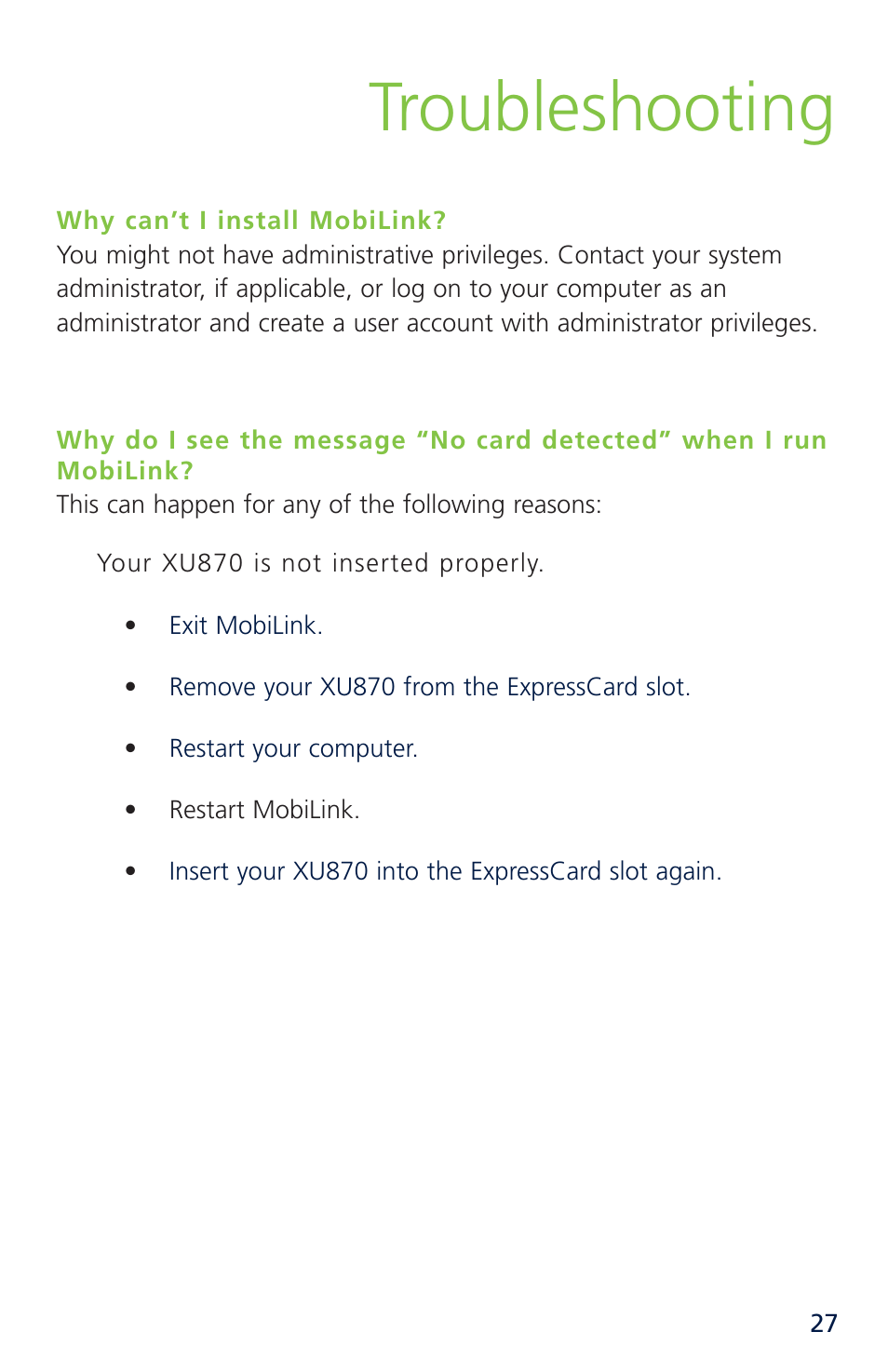 Troubleshooting | Novatel Merlin XU870 User Manual | Page 33 / 53
