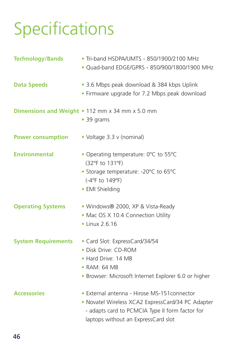 Specifications | Novatel Merlin XU870 User Manual | Page 52 / 53