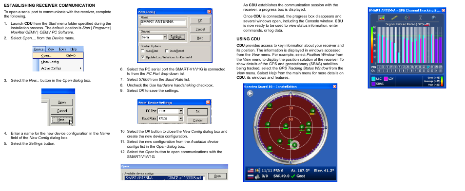 Establishing receiver communication, Select open.... from the device menu, Select the new... button in the open dialog box | Select the settings button, Select 57600 from the baud rate list, Uncheck the use hardware handshaking checkbox, Select ok to save the settings, Using cdu | Novatel SMARTV1G User Manual | Page 2 / 4