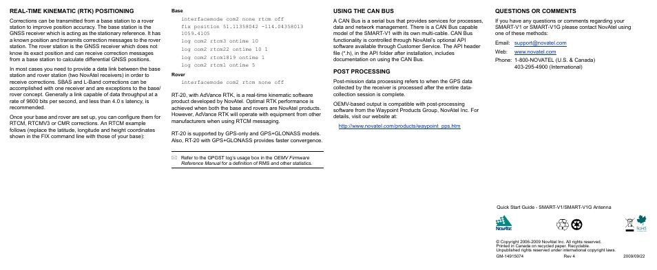 Real-time kinematic (rtk) positioning, Using the can bus, Post processing | Questions or comments, Email: support@novatel.com, Web: www.novatel.com, Phone: 1-800-novatel (u.s. & canada), 295-4900 (international) | Novatel SMARTV1G User Manual | Page 4 / 4
